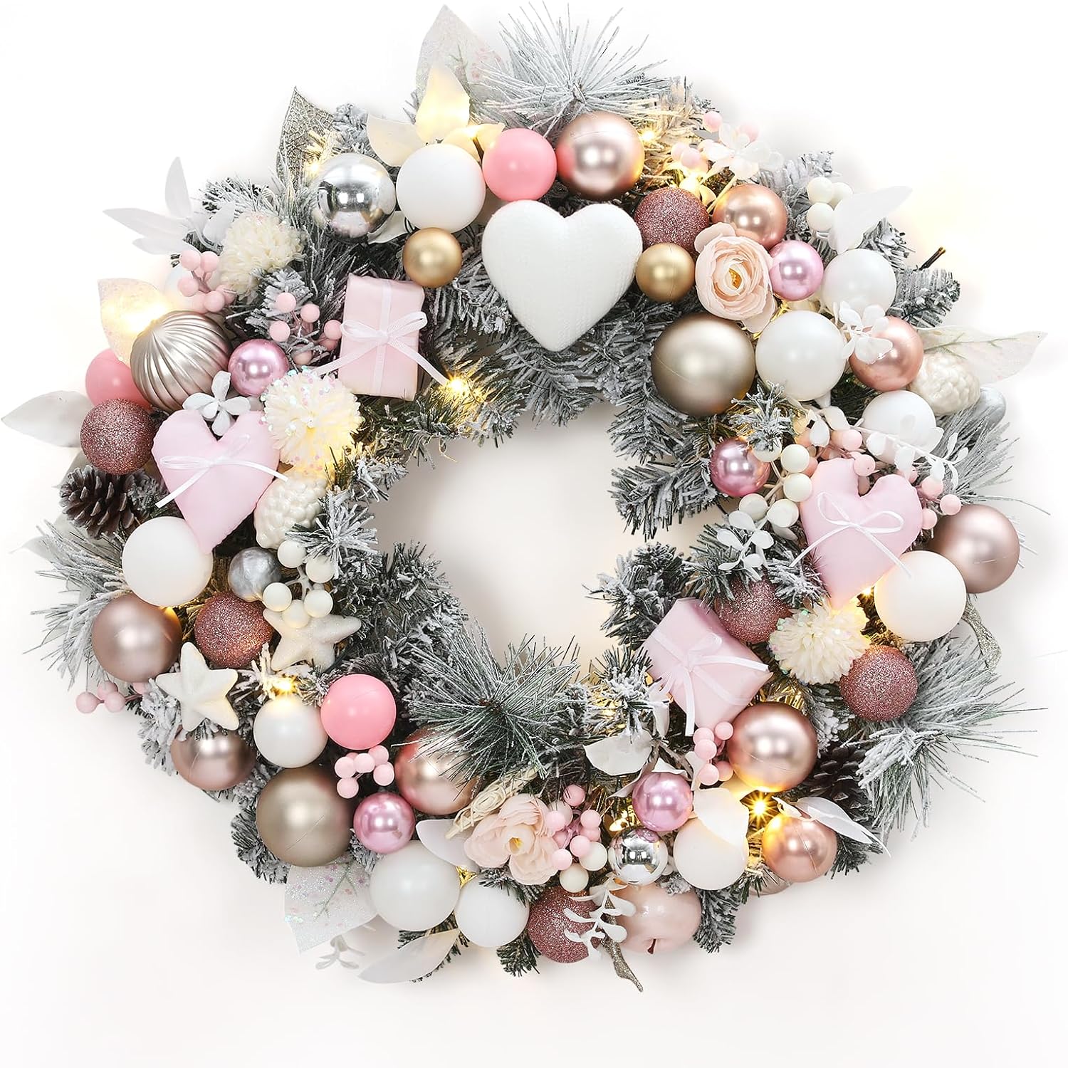 Aoile 4-Pack 24 in Pink Pre-Lit Christmas Wreath with Hearts and Present Box Ornaments - 20 LED