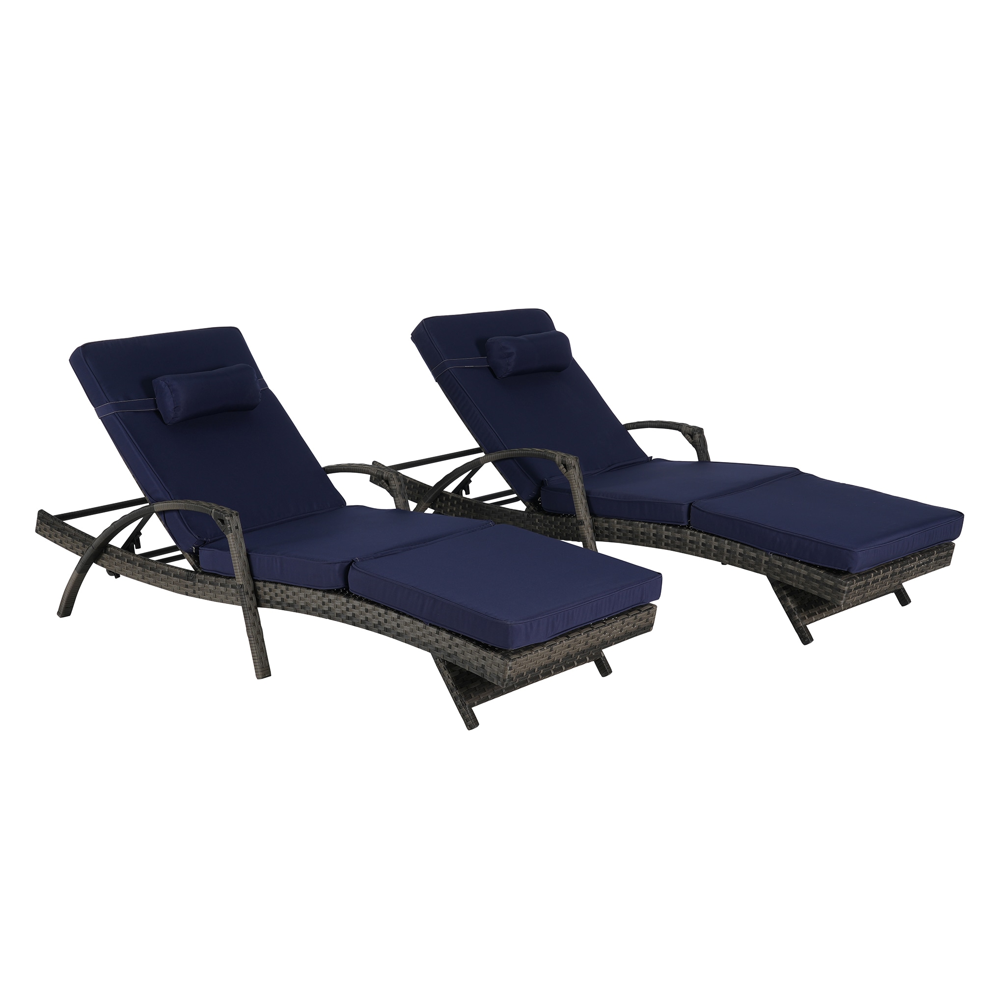 SINOFURN SYB670036NY Set of 2 Wicker Brown Metal Frame Stationary Recliner Chair with Blue Cushioned Seat