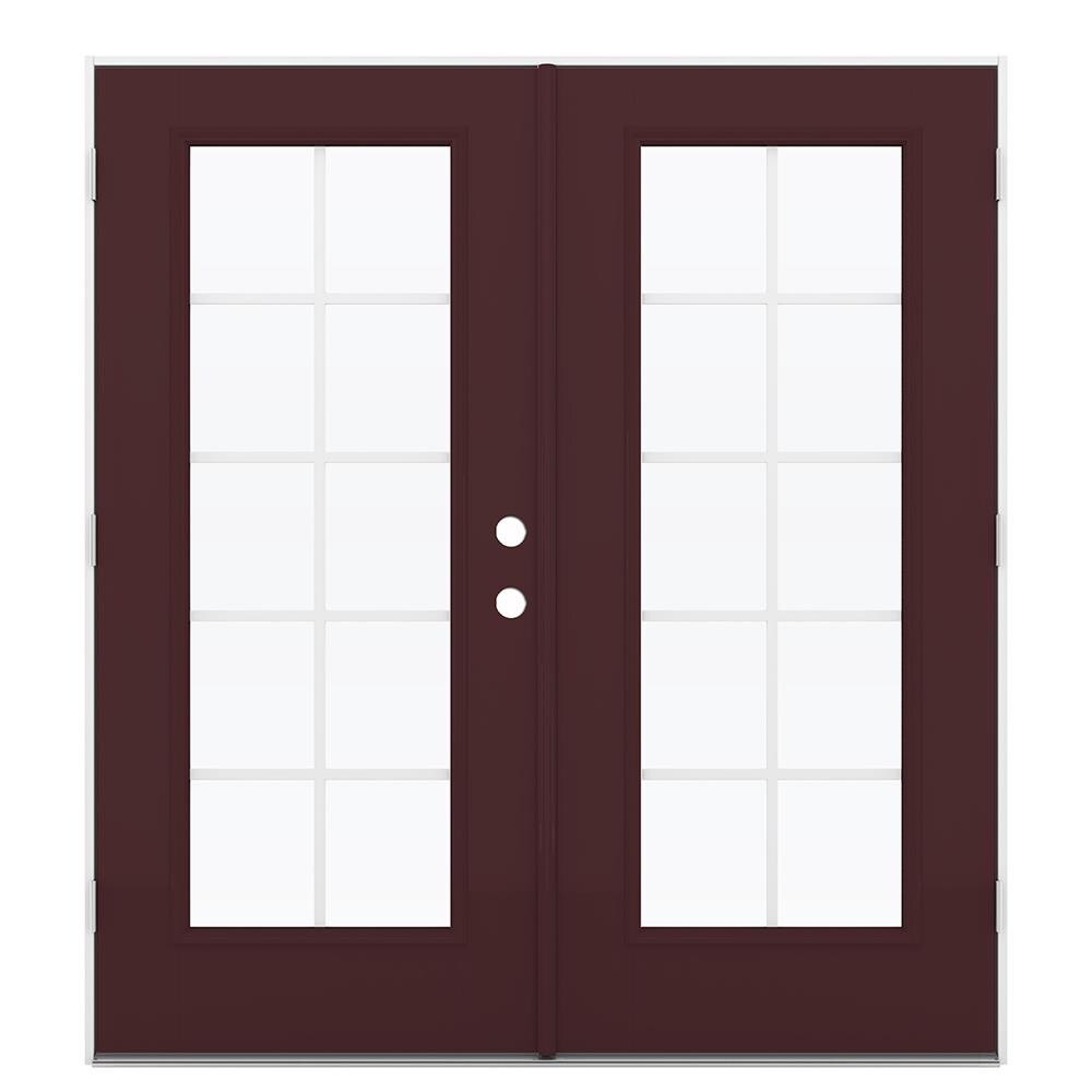 JELD-WEN 72-in x 80-in x 4-9/16-in Jamb Low-e Grilles Between The Glass Currant Fiberglass French Right-Hand Outswing Double Patio Door in Red -  LOWOLJW182300222