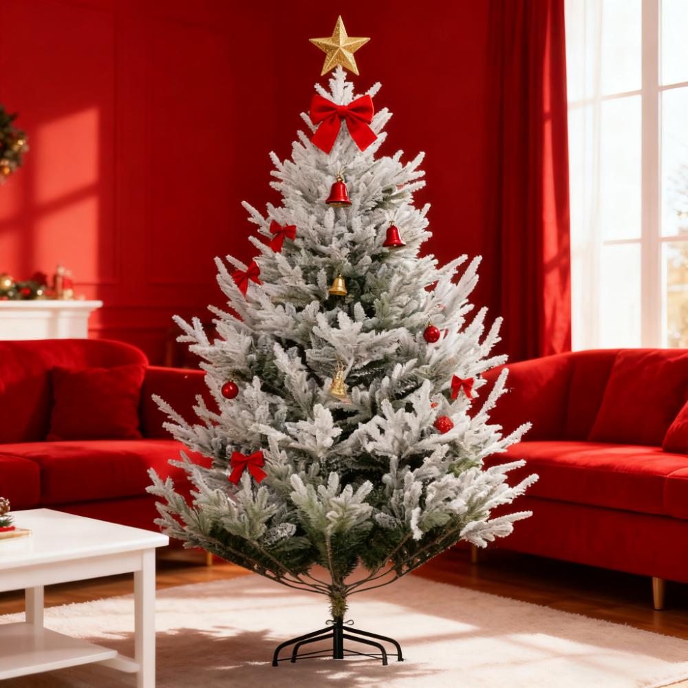GLANZEND  6 ft-H Green Plastic Steel Artificial Christmas Tree 795 Branch Tips Snow Flocked Wide Shape Auto Open Branches Hinged Branches Easy Assembly Steel Base Indoor Use Holiday Decor