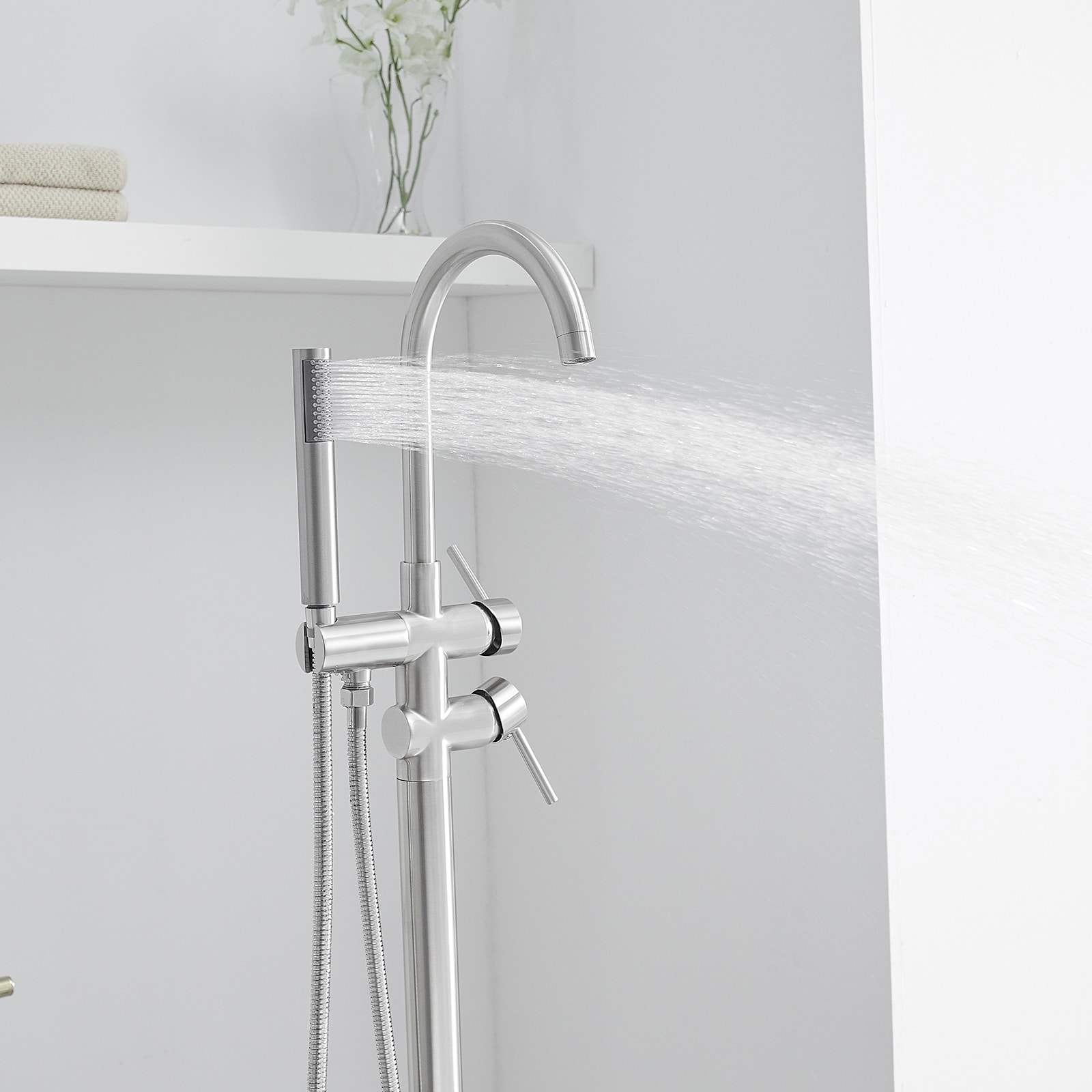 Brushed Nickel Freestanding Tub Filler with Hand Shower