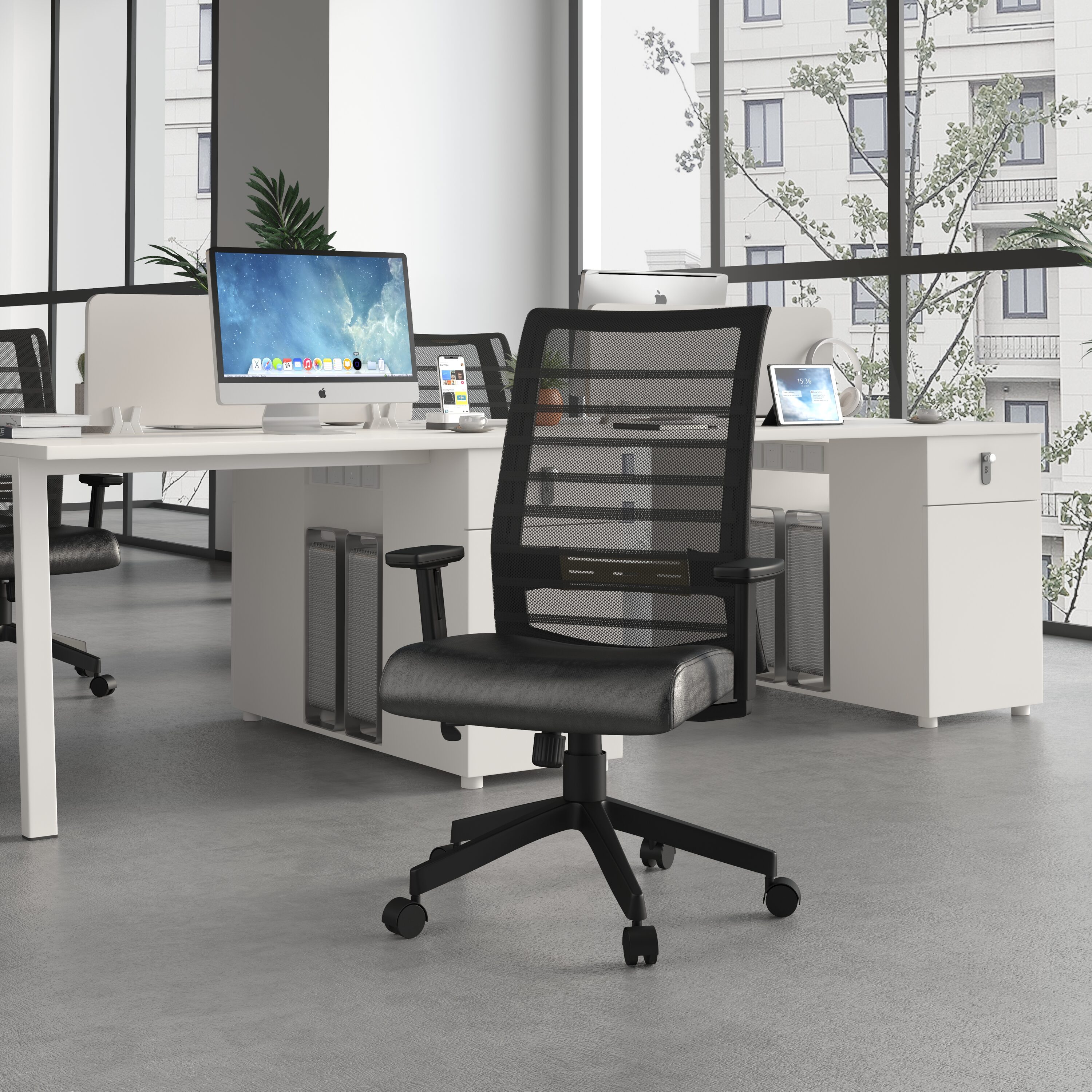 Black Ergonomic Mesh Back Vinyl Task Chair with Adjustable Arms