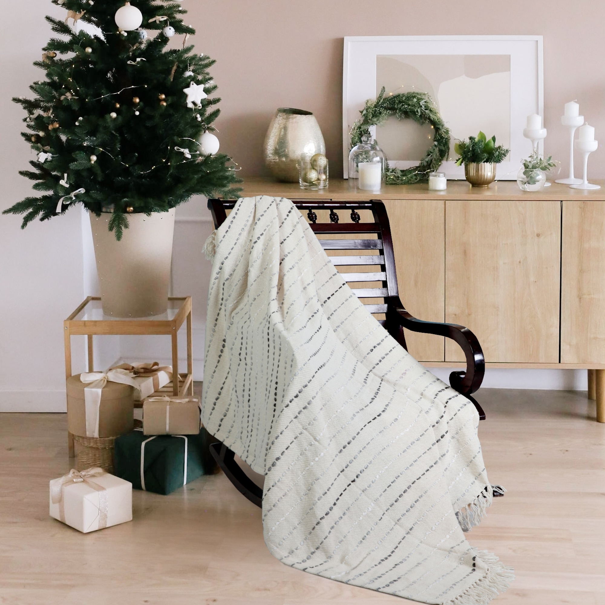 Gray and Cream Hand-Woven Cotton Blend Throw Blanket with Fringe