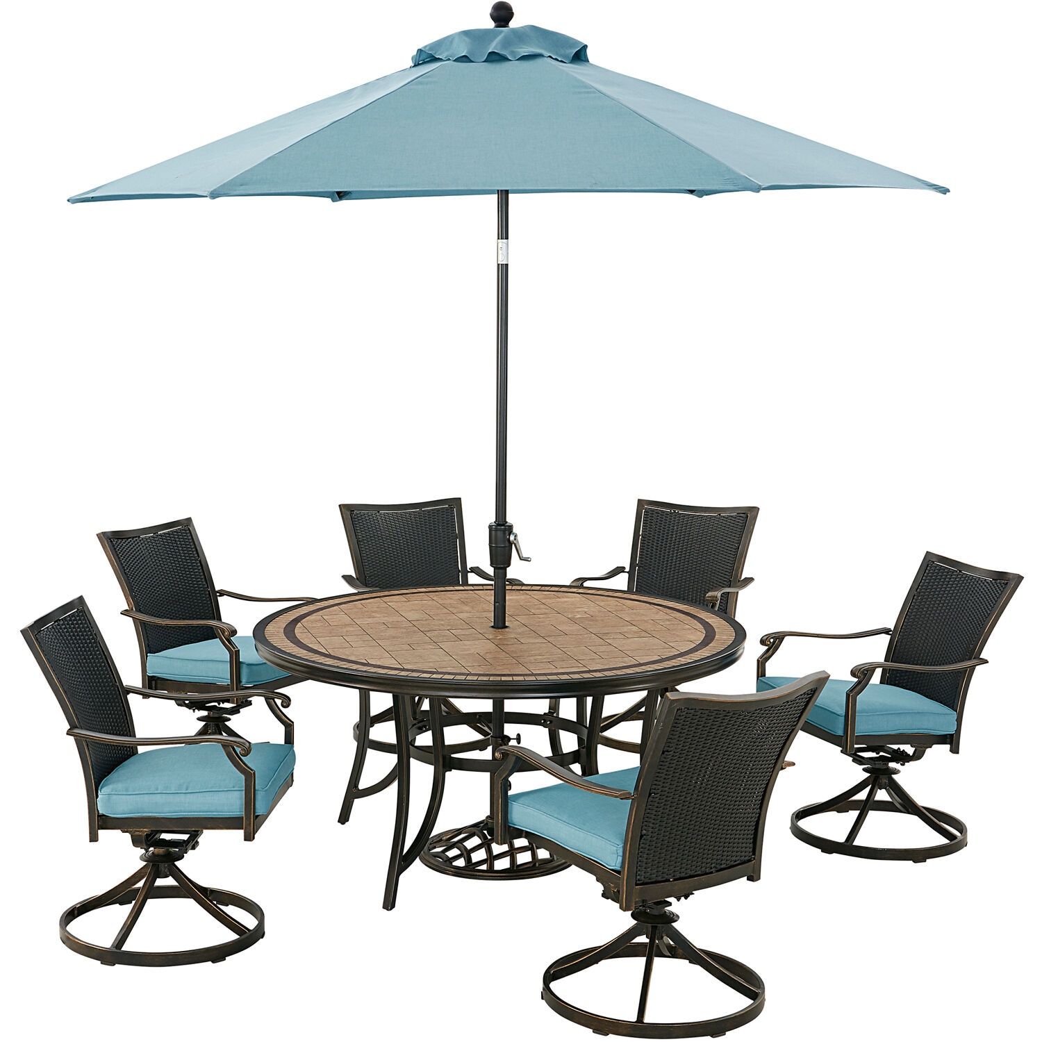 Hanover MONDNWB7PCSW6RDTLSUB Monaco 7-Piece Brown Patio Dining Set Aluminum Round Table with 6 Blue Cushions Swivel Rocker Chairs