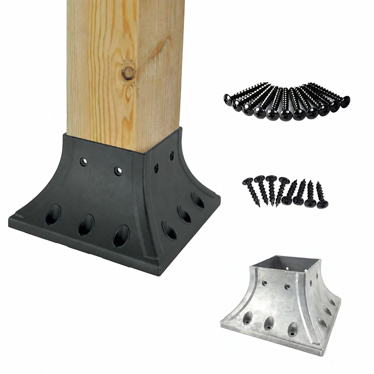 Oyezvary  4x4 Inch Aluminum Deck Post Base Furniture Cover Flange with Screws for Decking Patio Railing Handrail Fence Anchor Black 4 Pack