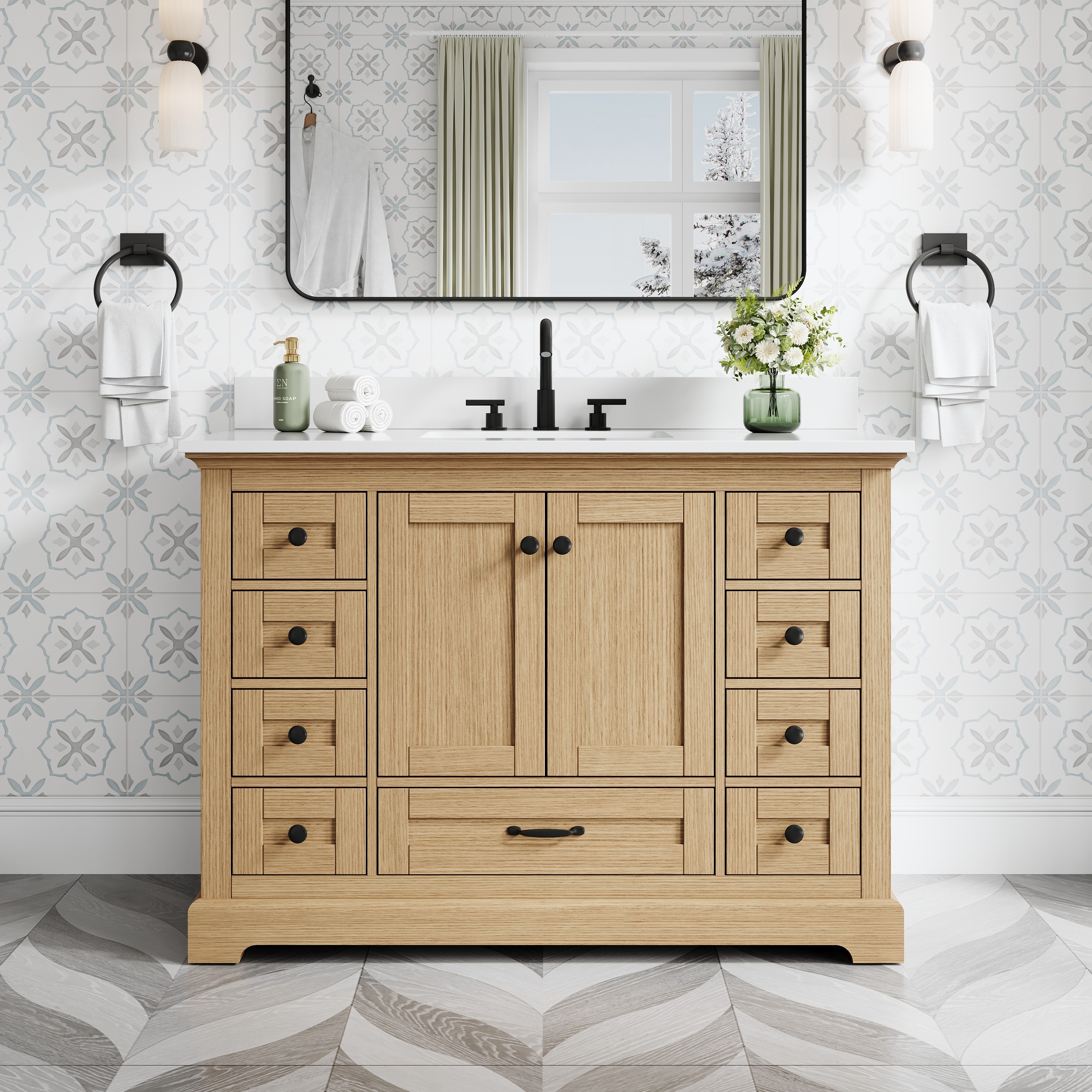 Gtnali - 48-in OAK Solid Wood Single Sink Bathroom Vanity with Pure White Cultured Marble Top Sof...