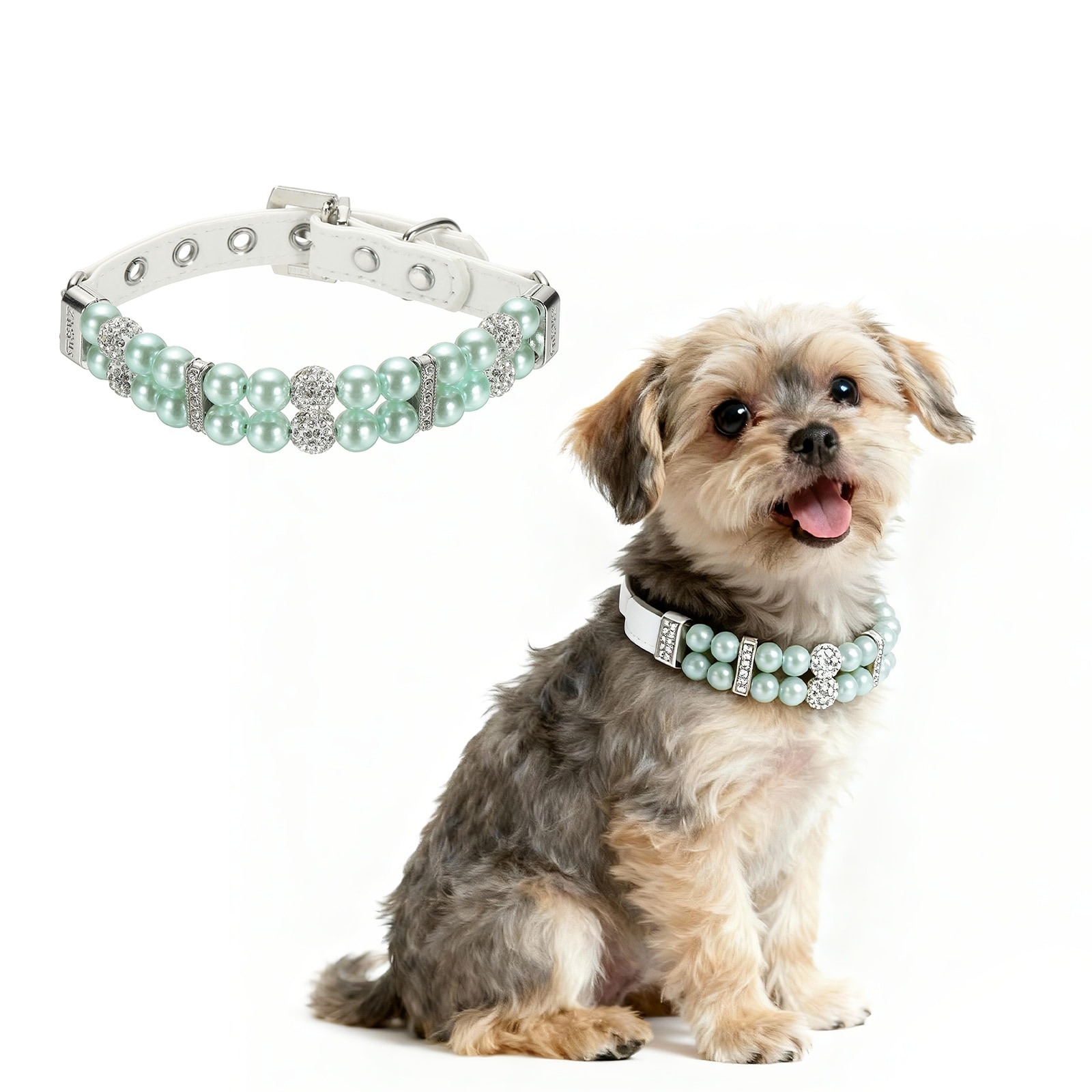 Unique Bargains 1pc Pearl Dog Collar Bling Pearl Cat Collar Fancy Crystal Rhinestone Luxury Beaded Pet Cute Wedding Necklace Gift Diamond (Green M) Intended for Teacup /Puppies/Kitten/Small Pet