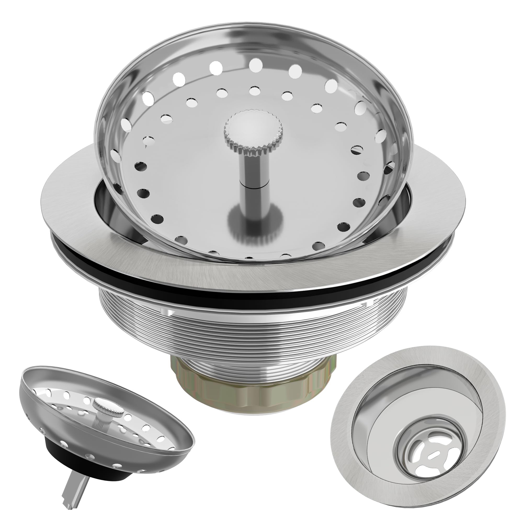Phewnyzo  Kitchen Sink Drain Kit Brushed Stainless Steel Half Inch Strainer Basket and Stopper for Standard Sinks Silver Universal Fit Easy