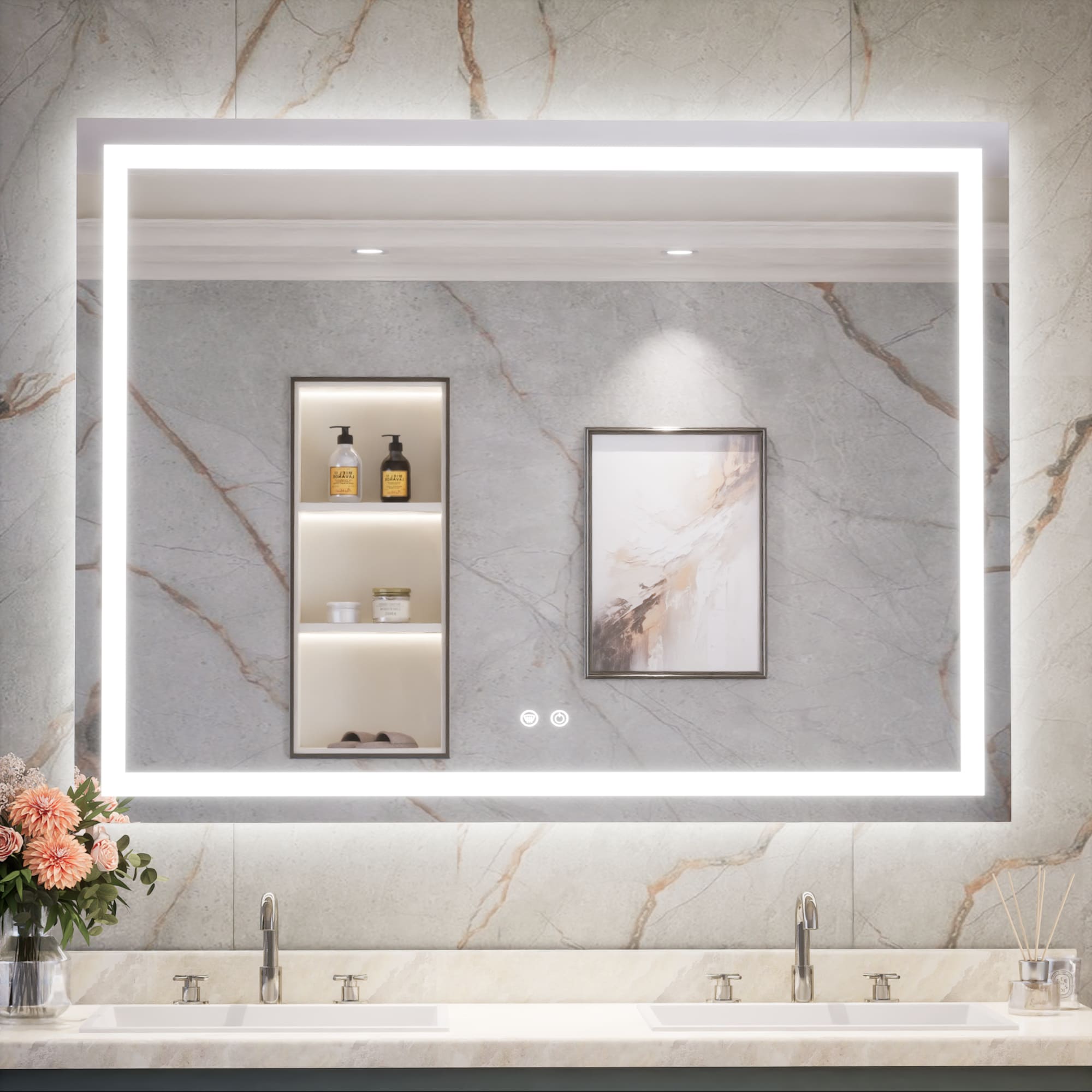 Keonjinn LW-ZBGFXFJ-12191F Bathroom Mirrors 48-in x 36-in Polished Frameless Rectangle Dimmable LED Lighted Fog Free Bathroom Vanity Mirror ( Silver )
