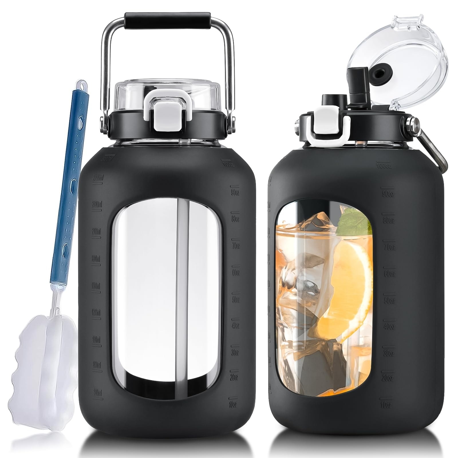 Justincity -  Large Glass Water Bottle 100 oz 3 Liter with Stainless Steel Handle Silicone Sleeve...