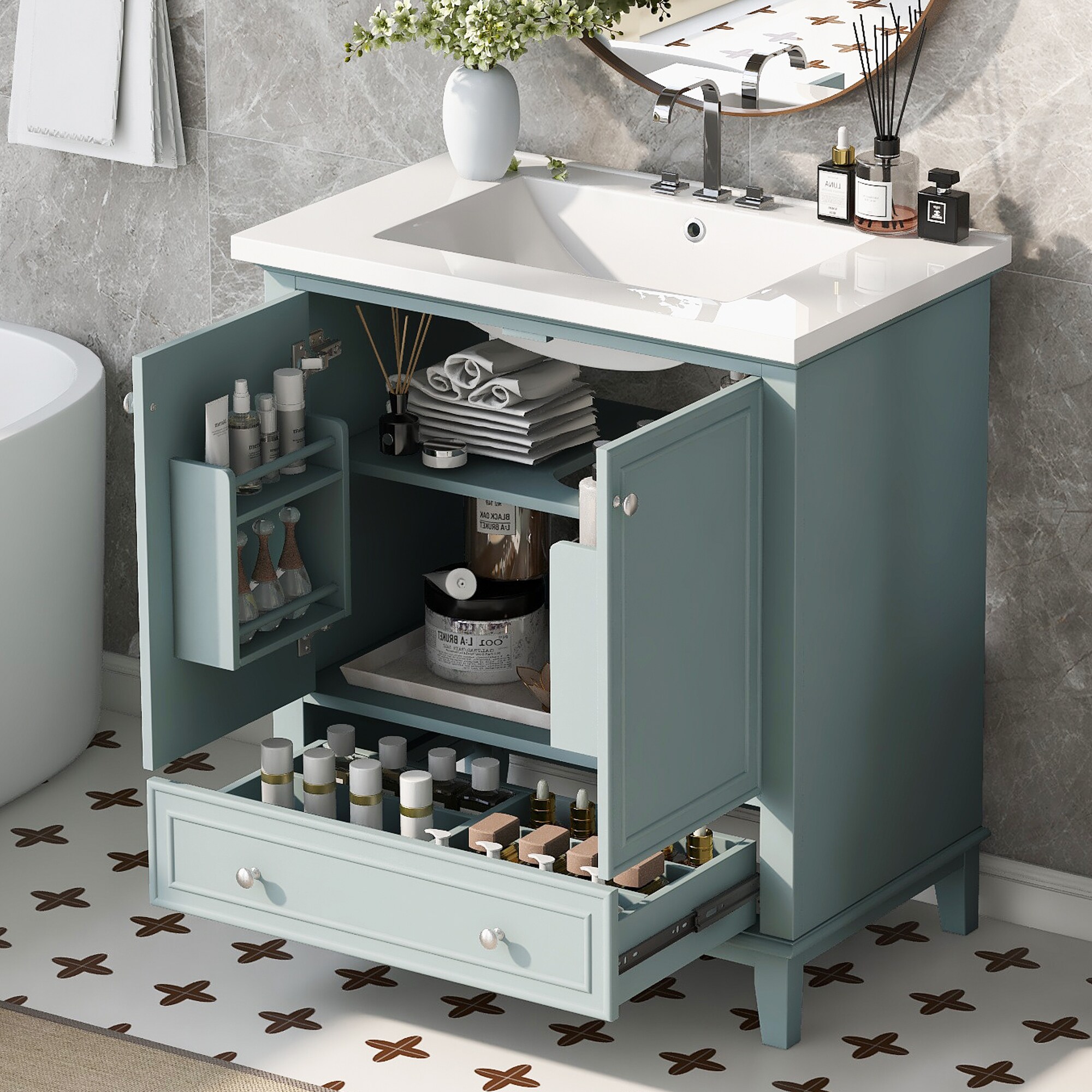 Tatayosi T-P221263C 30 inch Green Bathroom Vanity with Ceramic Sink Multi Functional Storage Cabinet Adjustable Shelf and Drawer