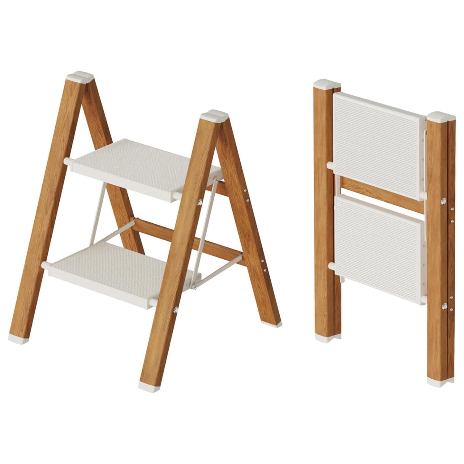 Wudkey Aluminum Folding 2 Step White and Woodgrain Ladder with Wide Anti-Slip Pedal 330 lbs Capacity for Home Office Library
