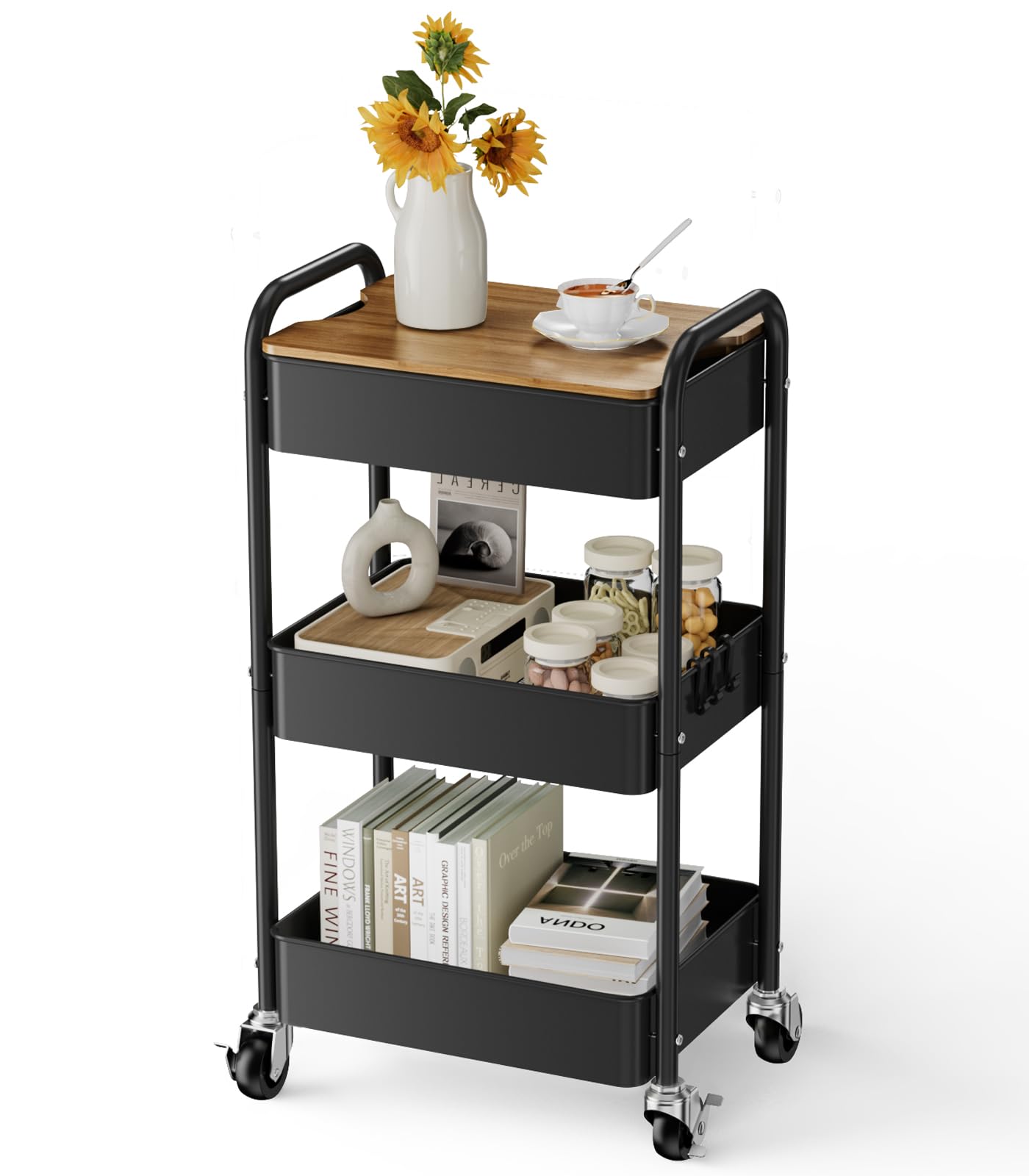 ITOPFOX  3 Tier Rolling Cart with Table top Metal Utility Cart Sturdy Storage Organizer Cart with Locking Wheels Hooks for Office Classroom