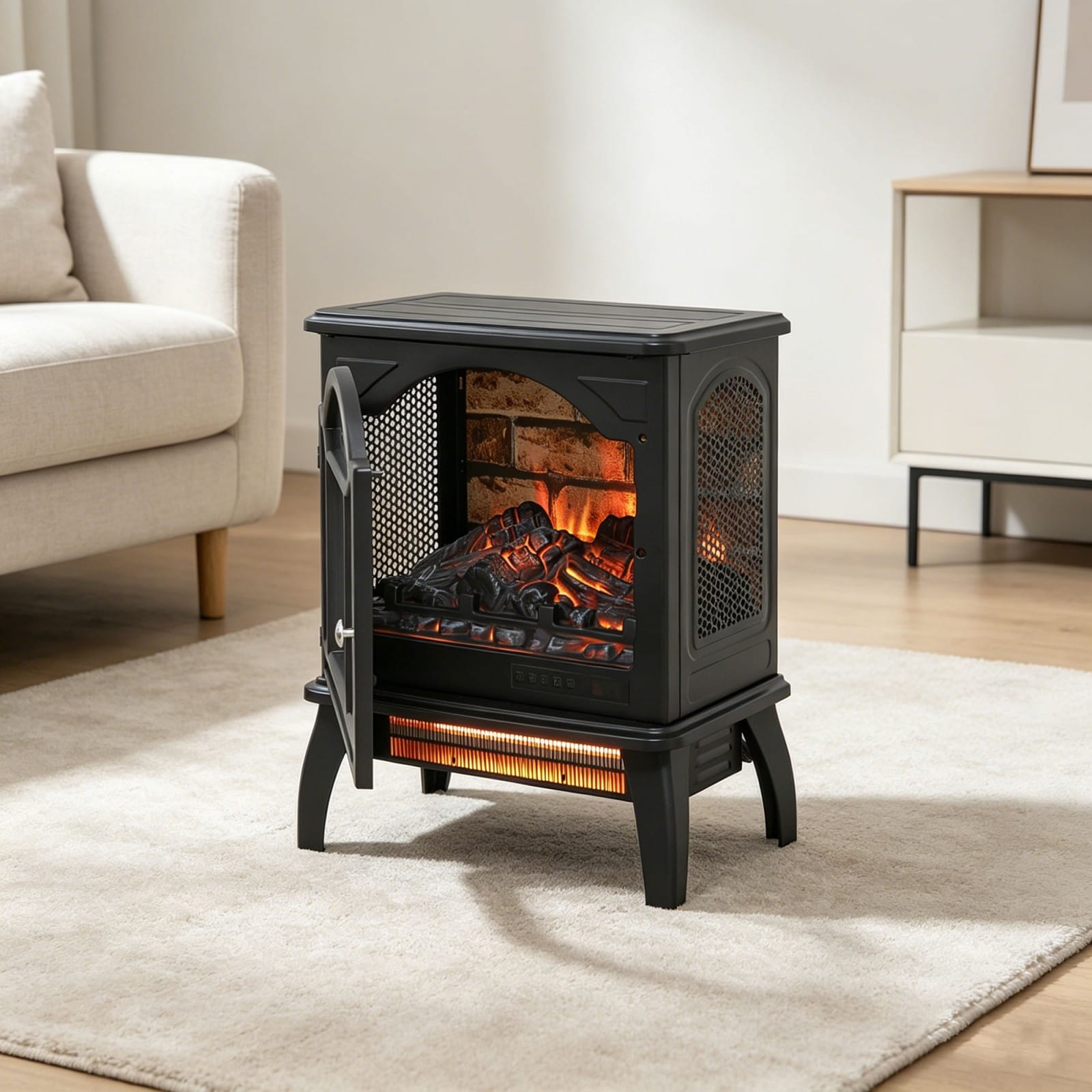 GlasFlength  18 Inch 3D Flame Electric Infrared Quartz Fireplace Stove Freestanding Electric Fireplace Heater with Remote Control for Living Room Bedroom Antique Black