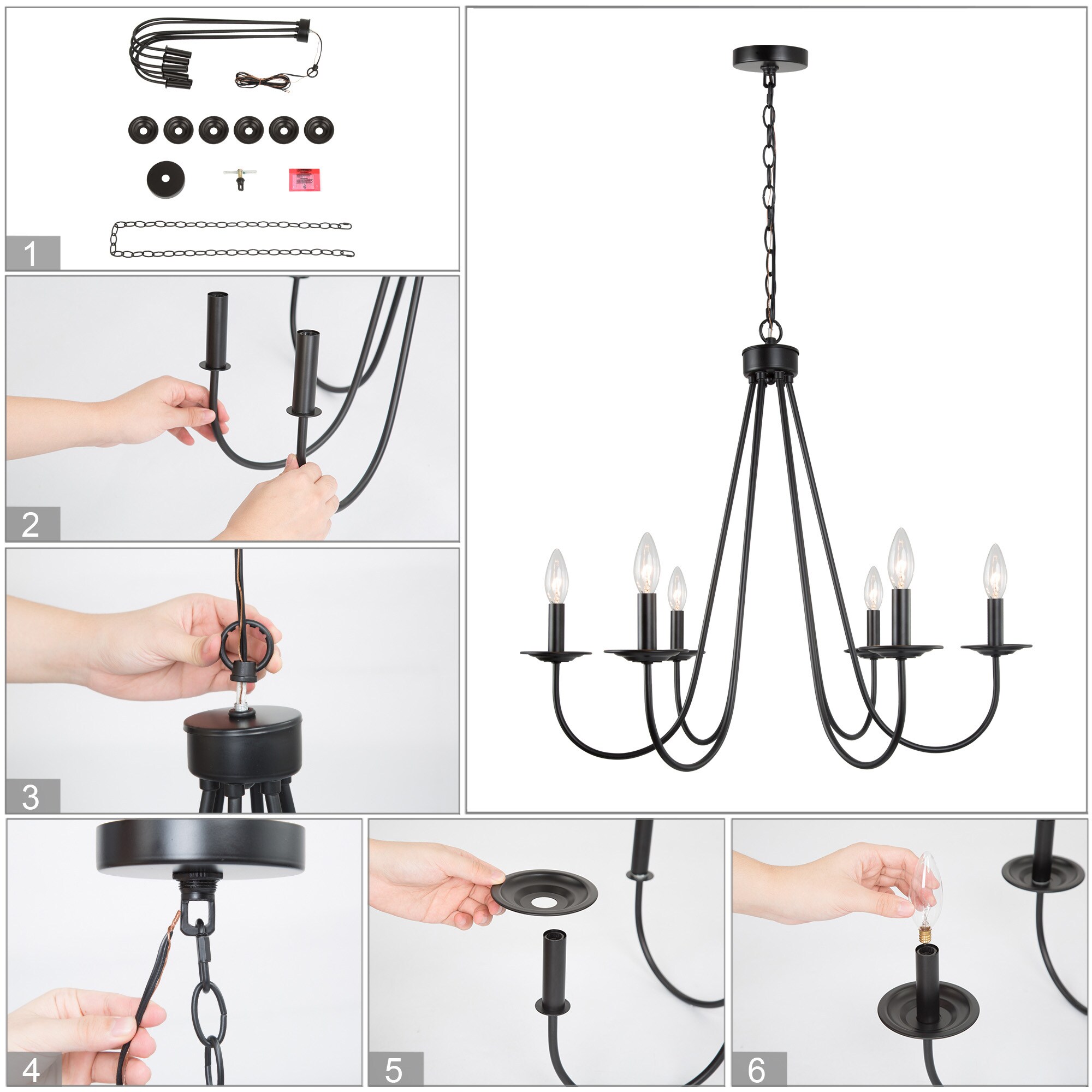 Uolfin 6-Light 28-in Black Branch with Retro Candlestick Industrial LED ...