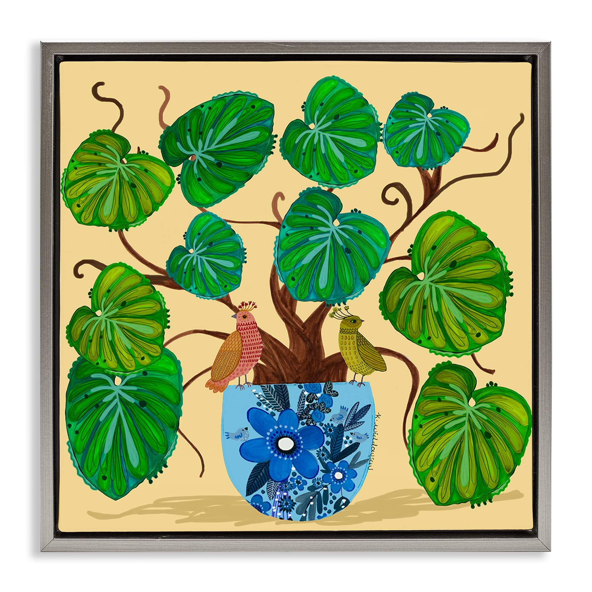 Stupell Industries BS-610-FFL-24X24 Potted Plant and Birds Perched Floating Frame design by Kay Widdowson
