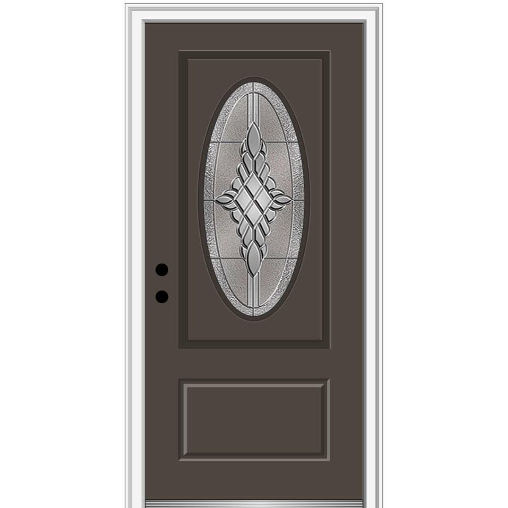 MMI DOOR ZZ3667763R 36-in x 80-in x 6-9/16-in Fiberglass Oval lite Right-hand inswing Brown Painted Prehung Front Door with Brickmould Insulating core