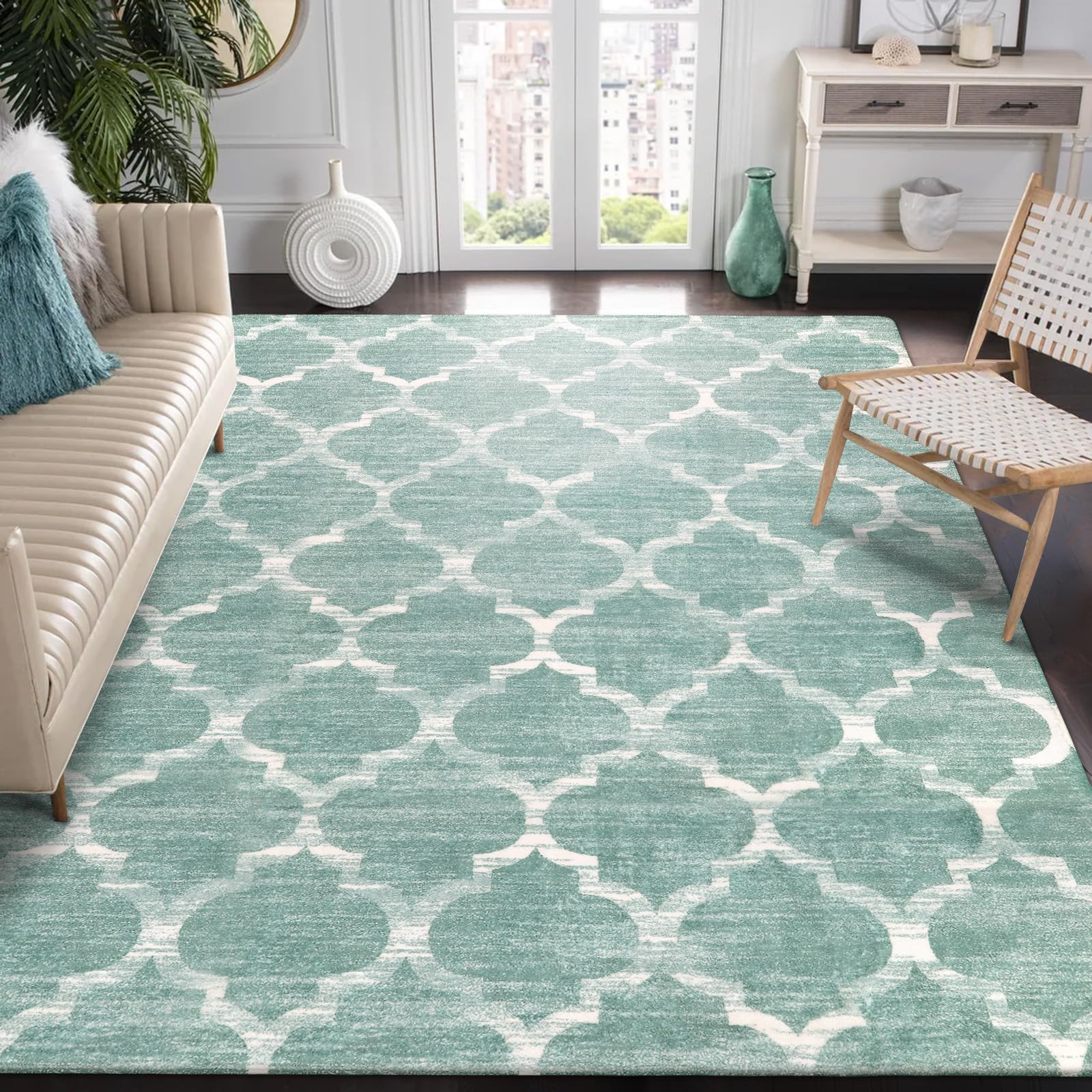 Lahome AR-FYR-005-G4 5 x 7 (ft) Green Moroccan Short Pile Velvet Rectangular Indoor Area Rug