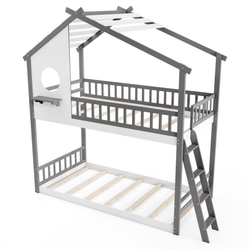 Fenbeli Twin Over Twin House Bunk Bed with Roof and Guardrails for Kids