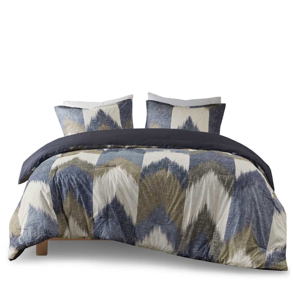 Vynxaria LEXY1495-DJWS-CP262 Series Navy Blue Modern Elegant Ikat Chevron Print 200TC Cotton with Polyester Filling Full Queen 3 Piece Comforter Mini Set Blanket