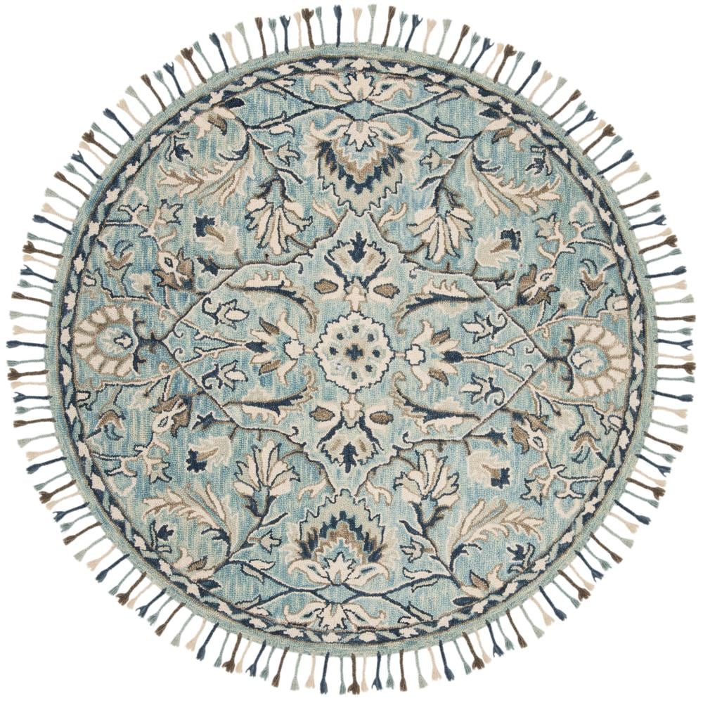 Blue Floral Round Hand Tufted Wool Area Rug