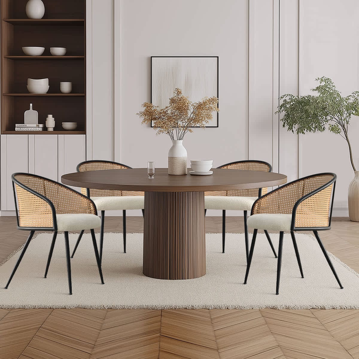 Maison Boucle JULES-ARM-OAK-WH-4 Set of 4 Rattan Back Dining Chairs with White Upholstered Seat and Black Metal Legs for Small Spaces