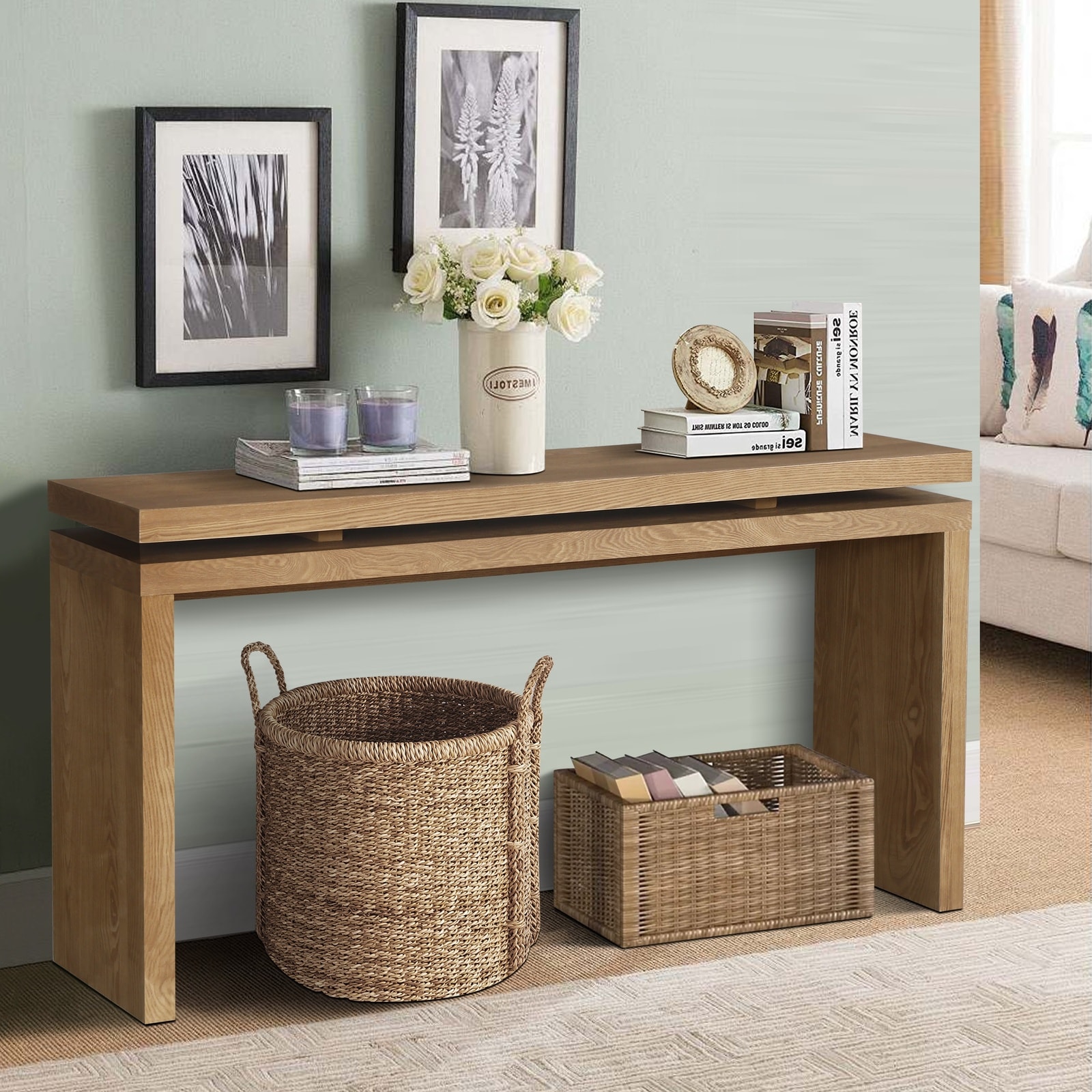 Horizons Prime 60 inch Antique Brown Farmhouse Console Table with Double Board Suspension Design and Solid Wood Construction