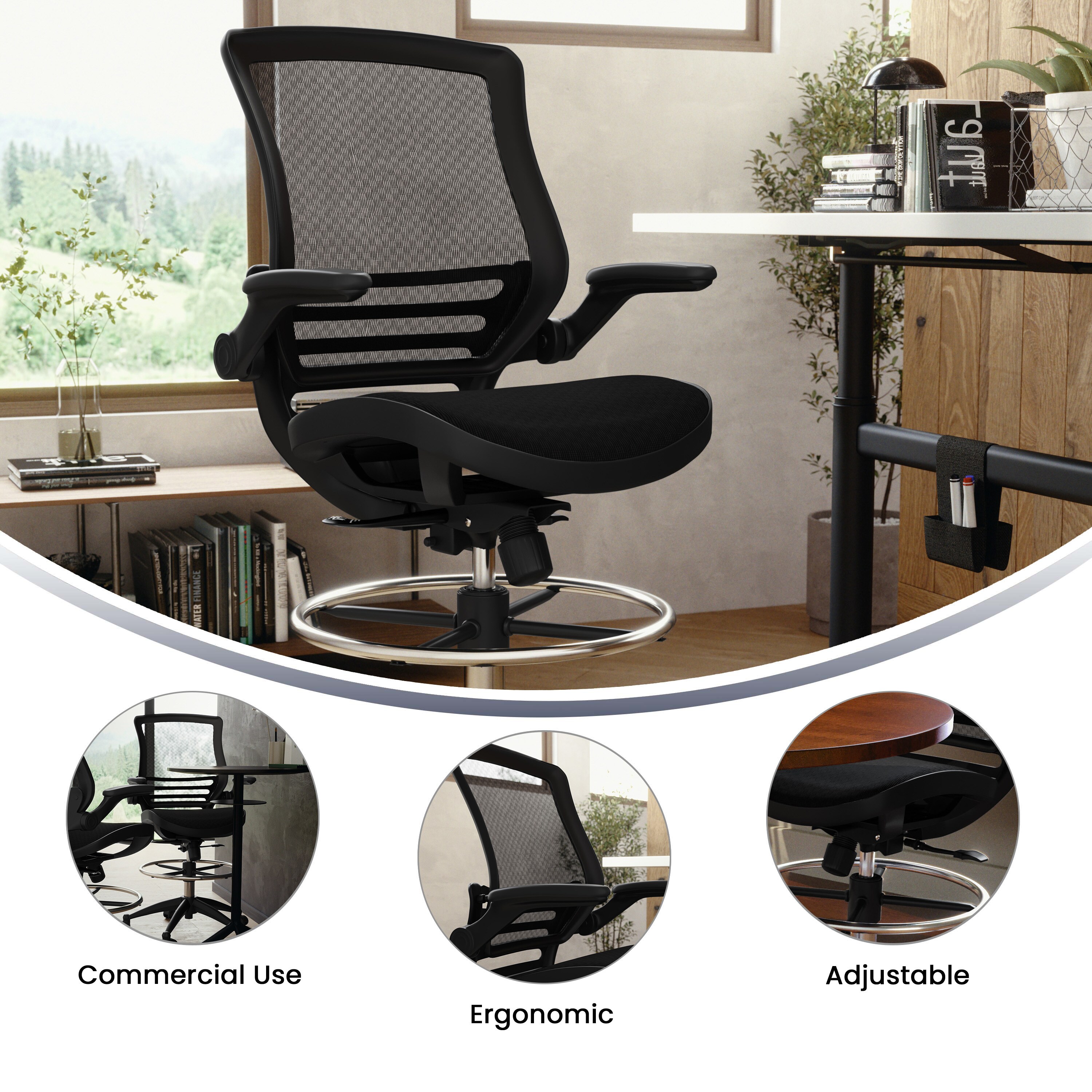 ErgoDraft Plus Black Mesh Drafting Chair with Adjustable Arms and Foot Ring