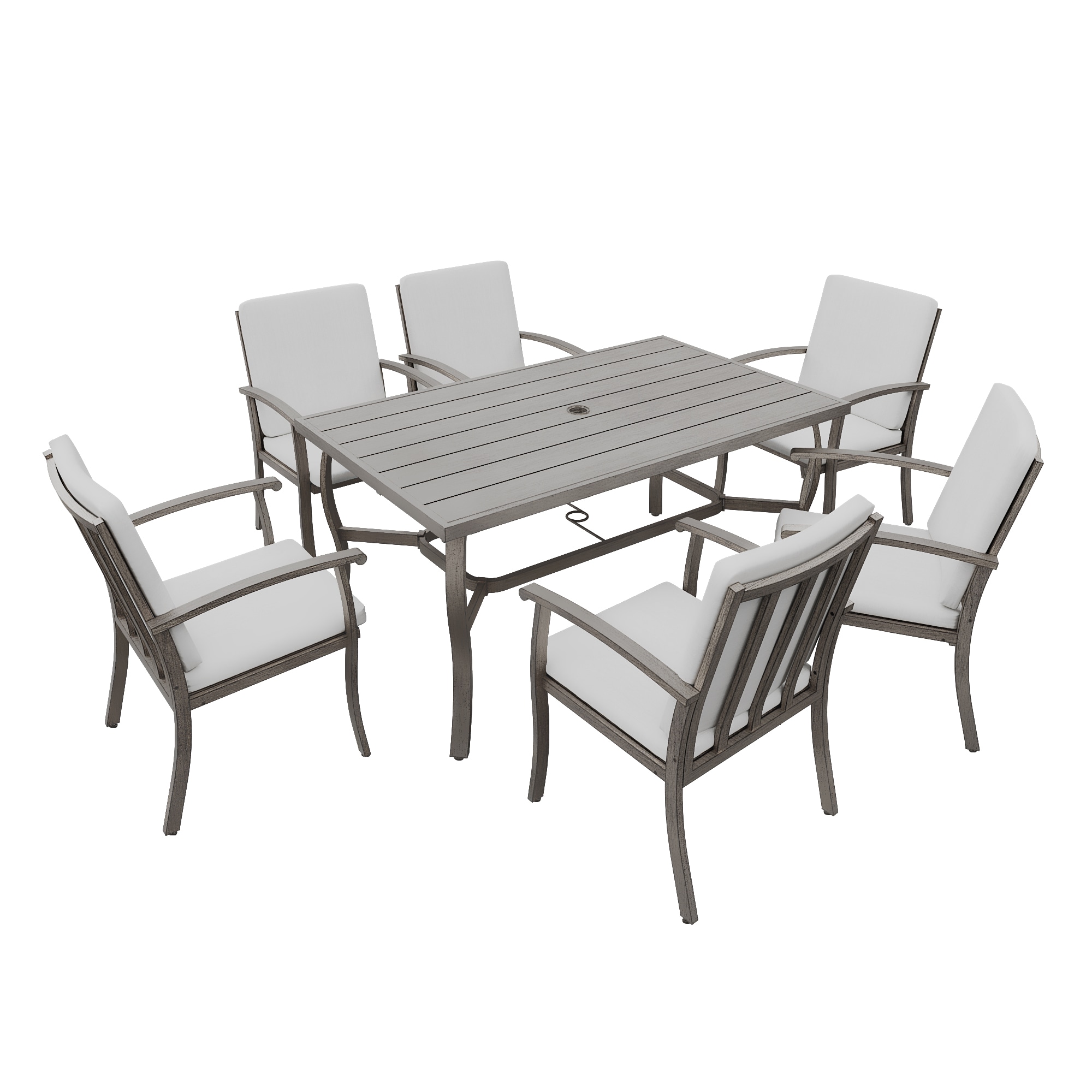 EL-CZ7-GM-A1-WL3 AluLux Gray Patio Dining Set Aluminum Rectangle Table with 6 Gray Cushions Stationary Chairs