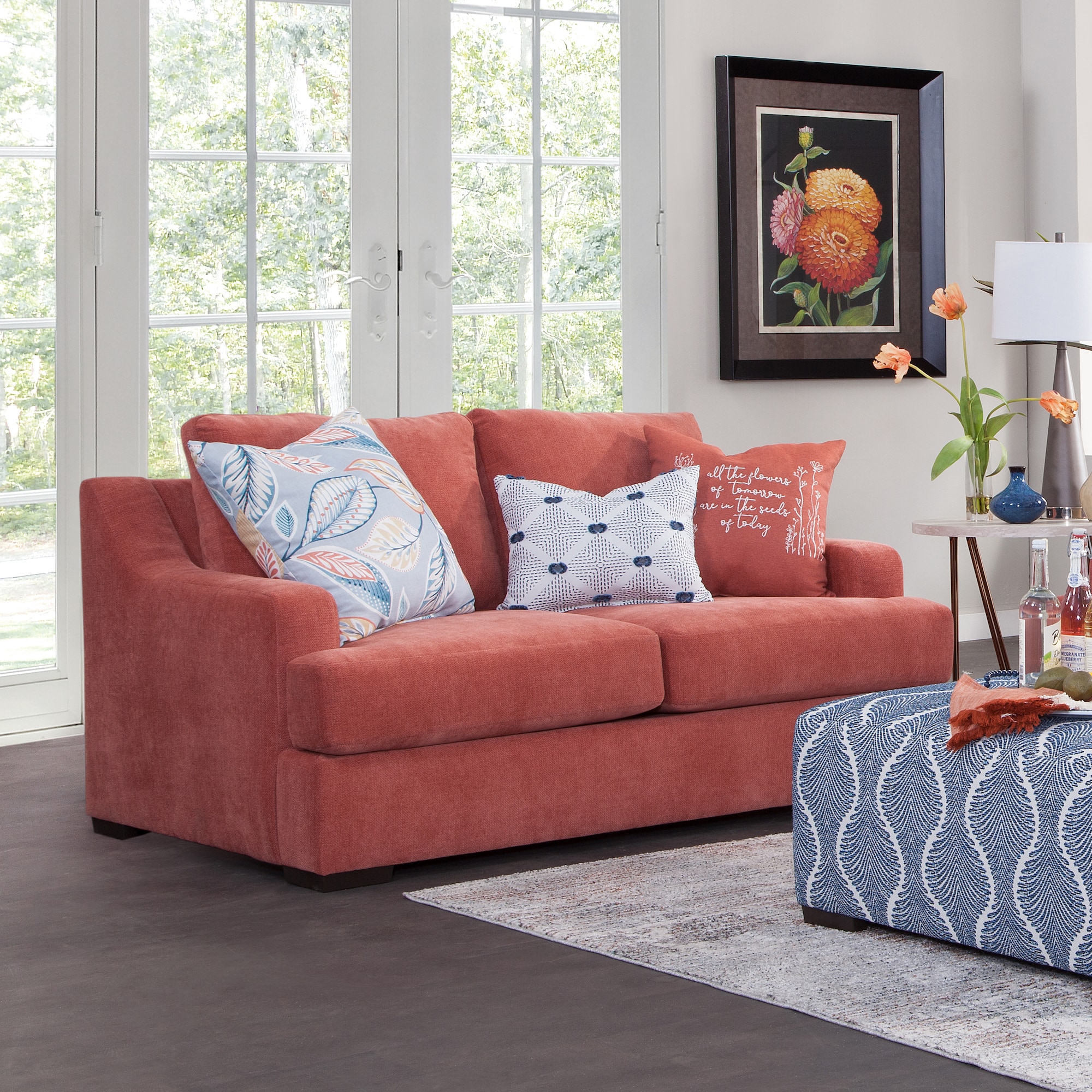 Ivory and Blue Two-Piece Fabric Sectional Sofa with Chaise