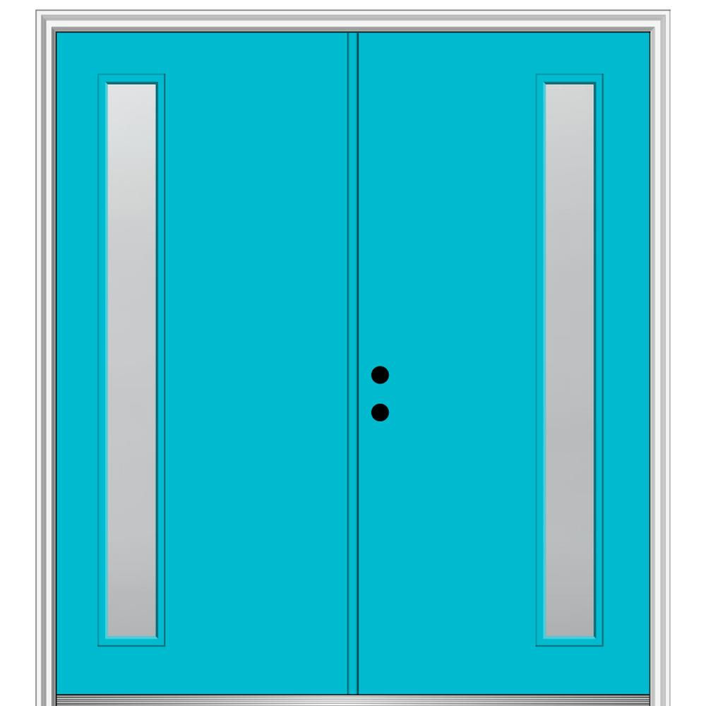 MMI DOOR ZZ349919R Spotlights 60-in x 80-in x 6-9/16-in Fiberglass Pulse lite Right-hand inswing Bahama Blue Painted Prehung Double Front Door with Brickmould Insulating core