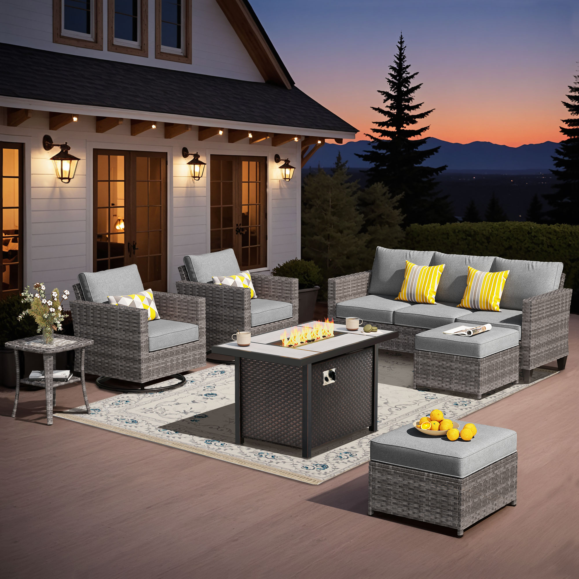 Pouuin STFP-YZGRS207 7 -Piece Wicker Patio Sofa Conversation Set with Dark Gray Cushions
