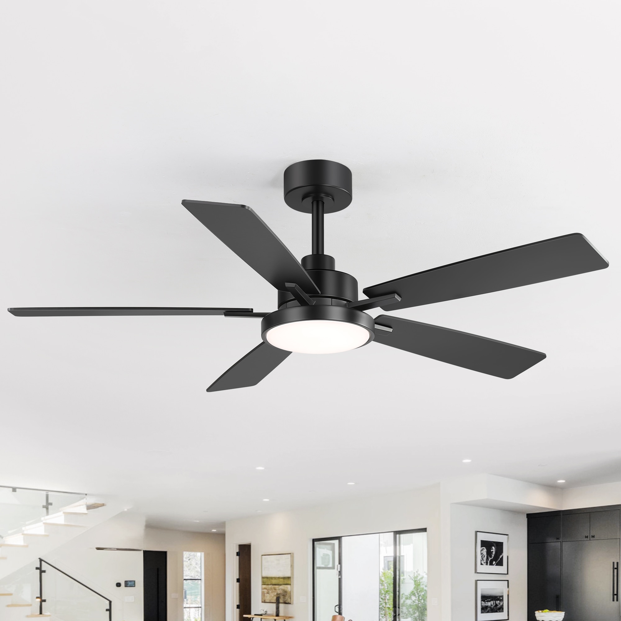 Breezary 32042-BK 52-in Integrated LED Charcoal black with Black and Charcoal Wood-Grain Blades Ceiling Fan With Light - Remote Included ( 5 -Blade )