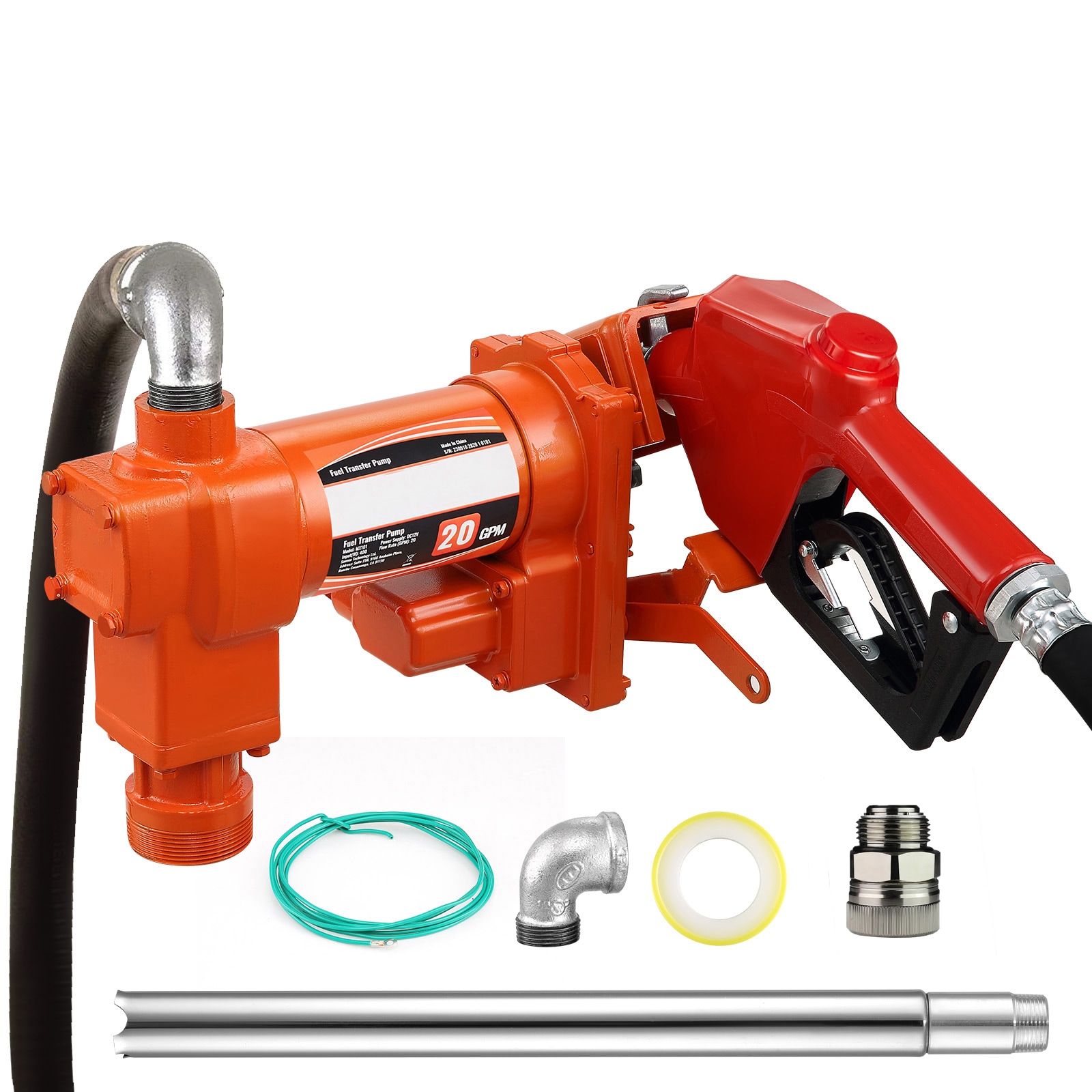 GIVIMO 20-GPM Fuel Transfer Pump - 12-V DC 1/4-HP Gasoline Diesel Pump with Automatic Nozzle - 13-ft Discharge Hose and Telescopic Suction Pipe