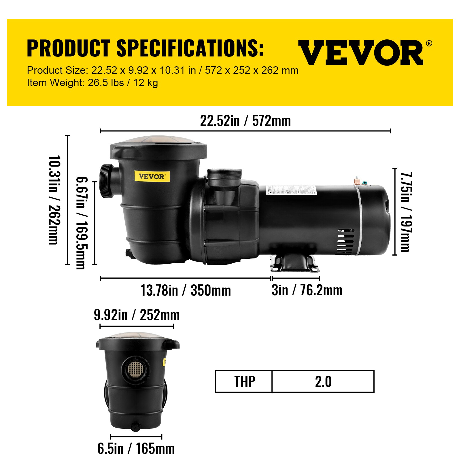 VEVOR Black 2-HP Copper Motor Swimming Pool Pump