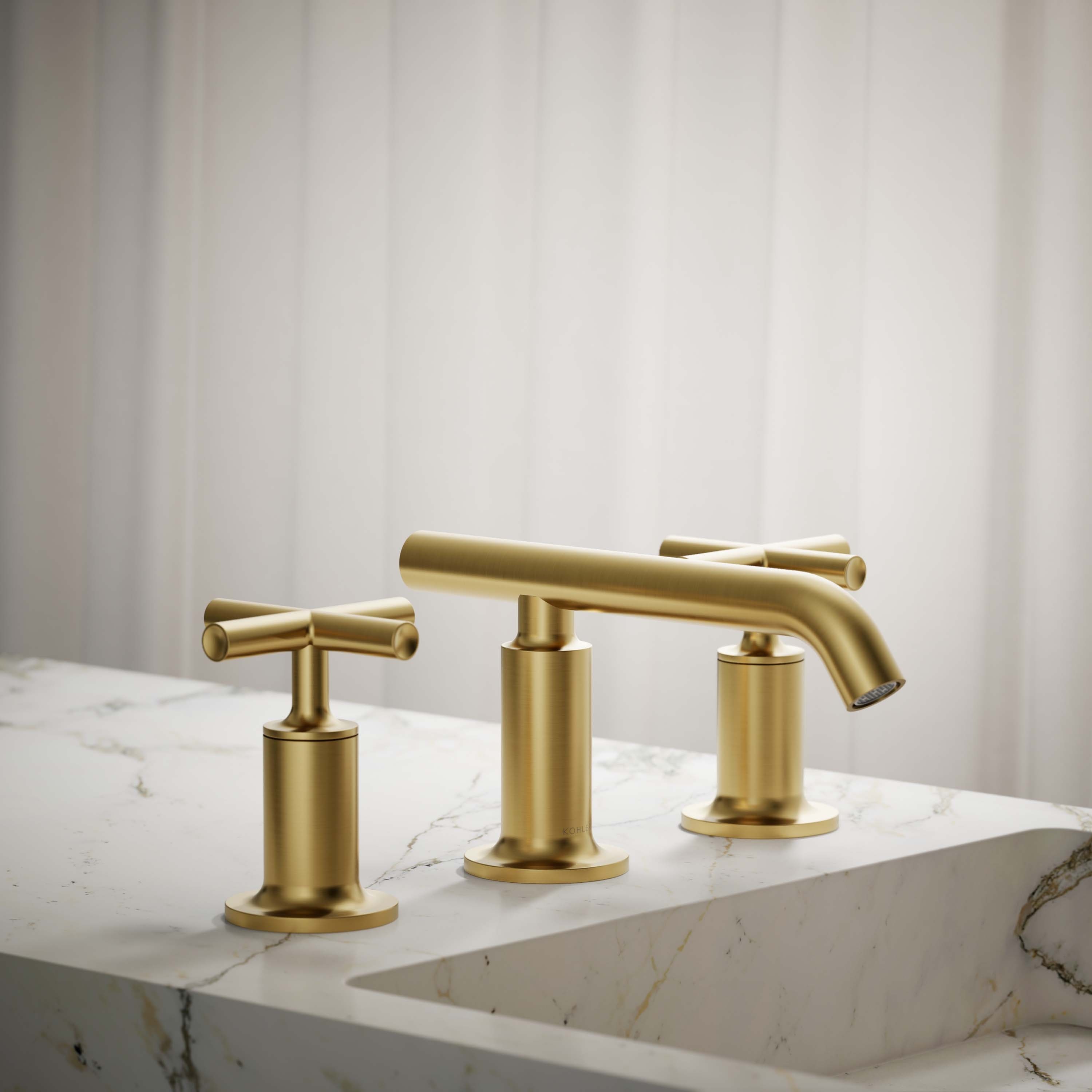 KOHLER K-14410-3-2MB Purist Vibrant Brushed Moderne Brass Widespread 2-handle WaterSense Low-arc Commercial/Residential Handle Bathroom Sink Faucet with Drain with Deck Plate