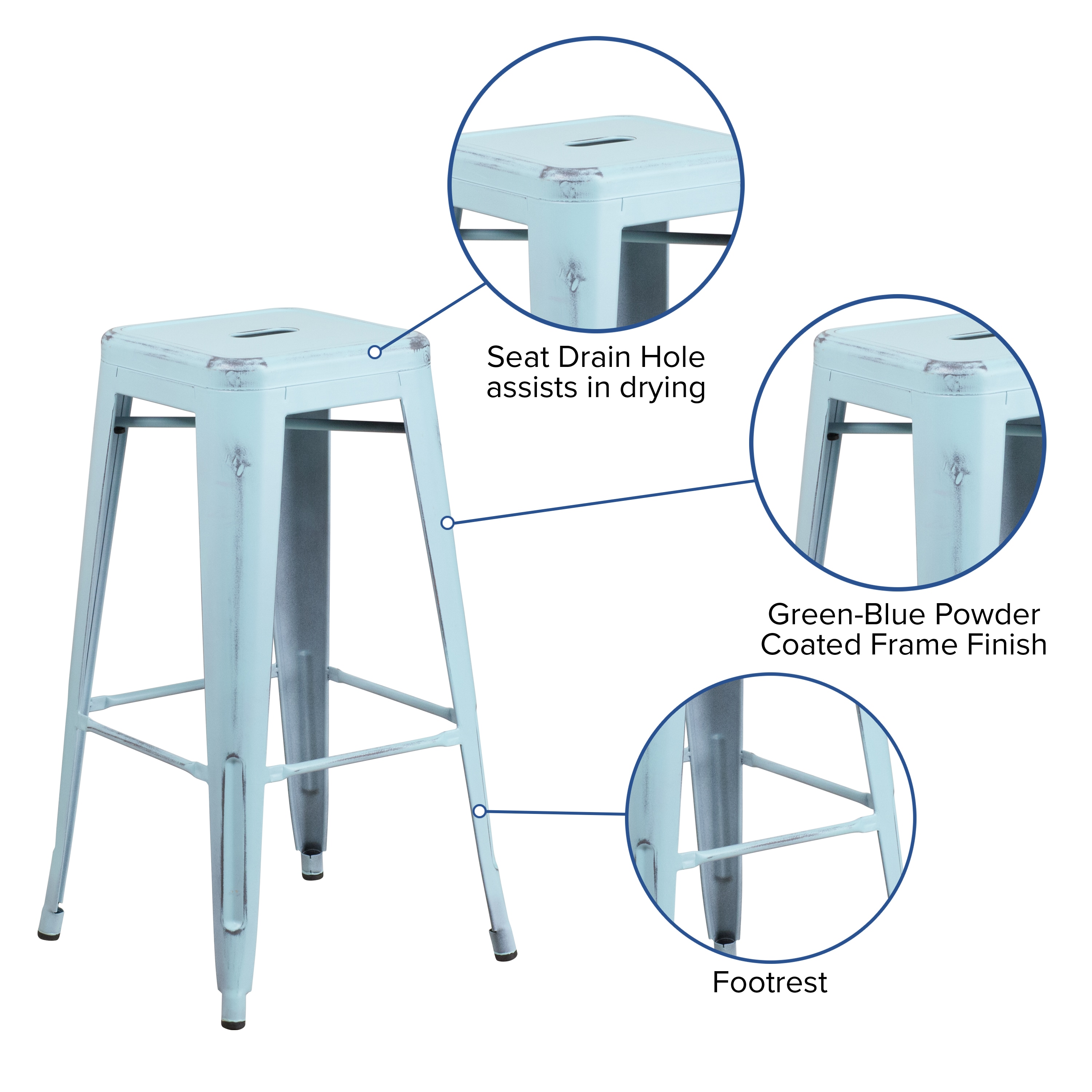 30" Distressed Green-Blue Metal Backless Bar Stool
