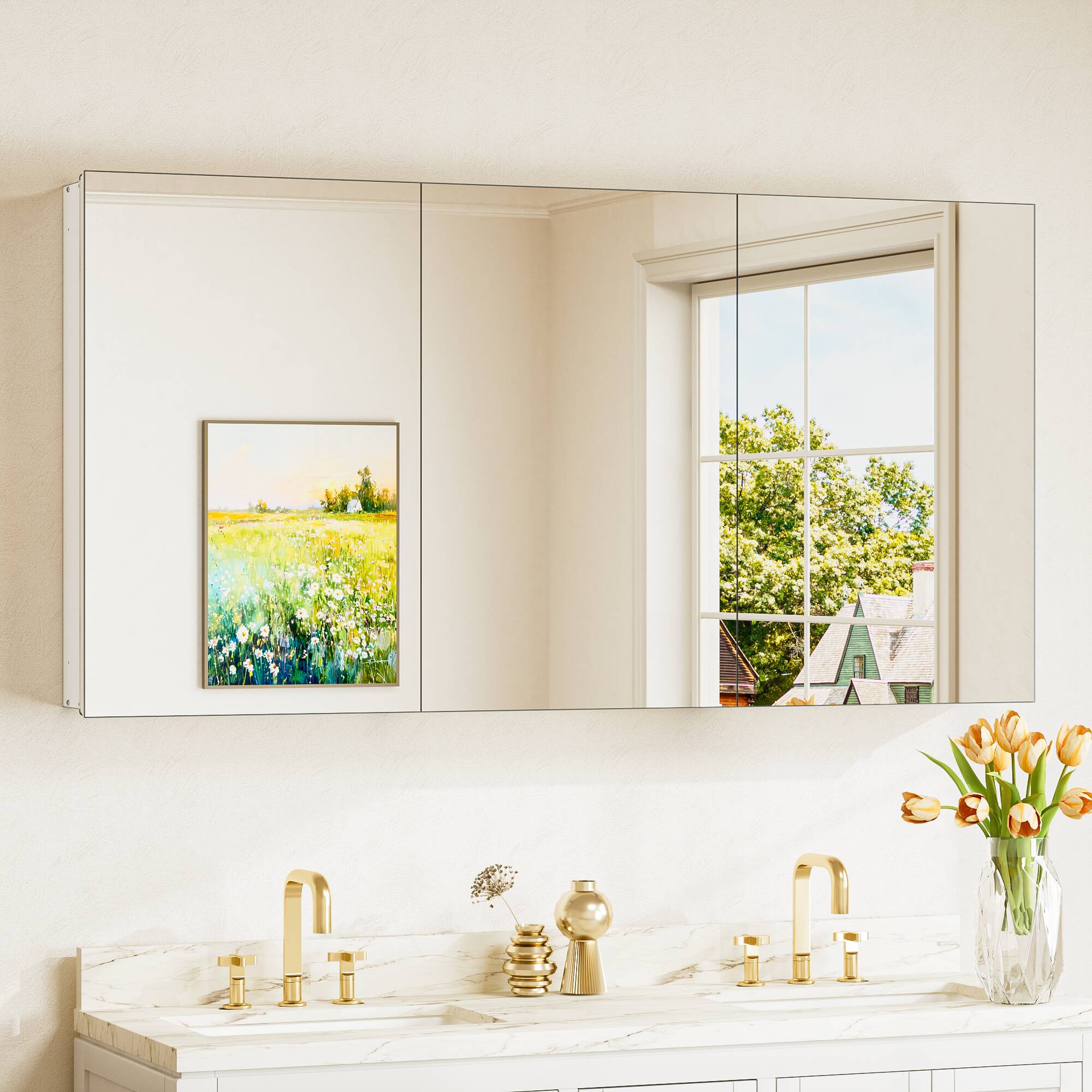 Keonjinn LW-JG-FXFJP-12161-WH Medicine Cabinet Mirror 48-in x 24-in Surface/Recessed Mount White Mirrored Rectangle Soft Close Medicine Cabinet