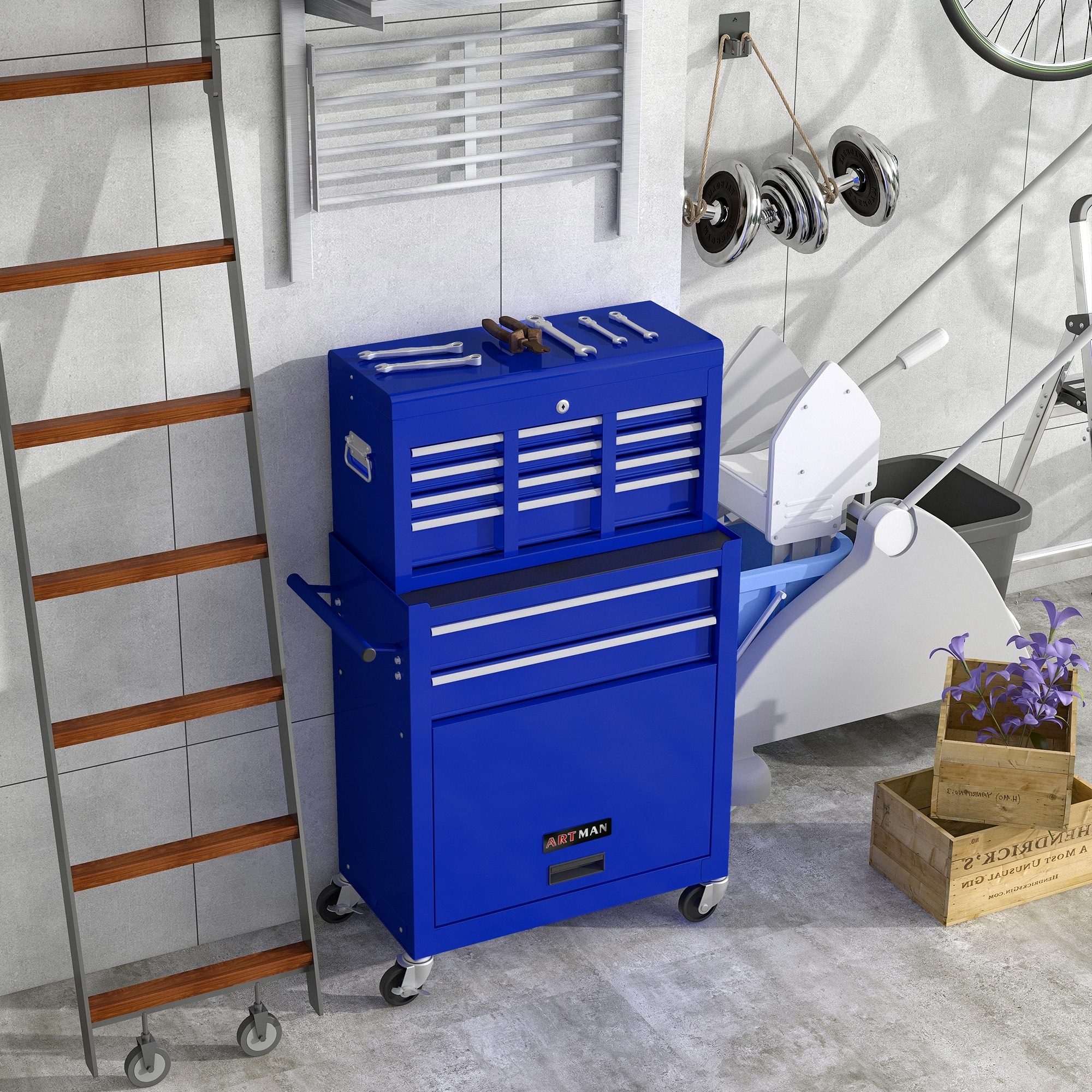 HyperDrop Cart High Capacity Rolling Tool Chest With Wheels And Drawers 8 Drawer Tool Storage Cabinet Blue