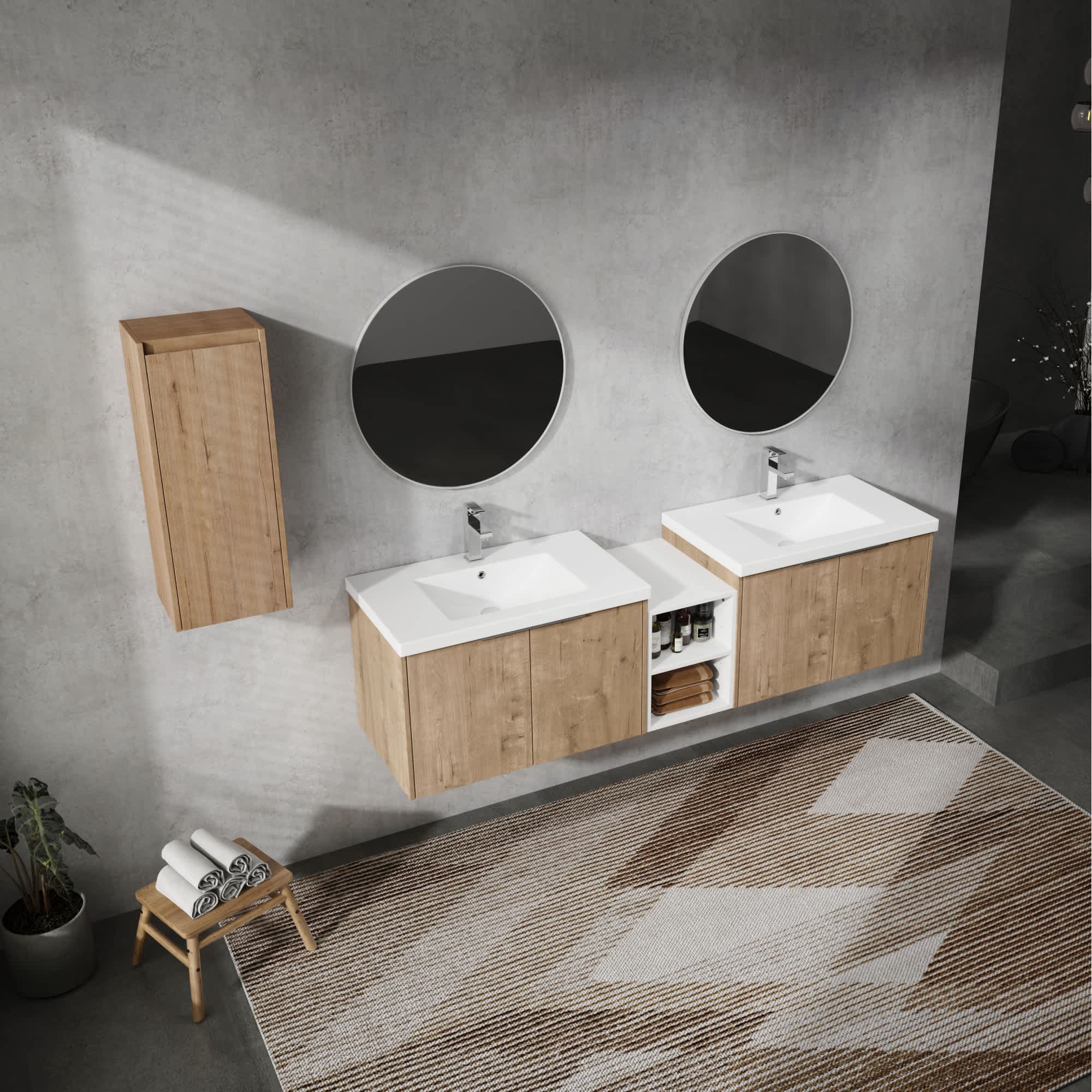 Roomfitters  72 Inch Wall Mounted Bathroom Vanity Set with Resin Sink and Dual Side Storage Cabinets for Large Baths