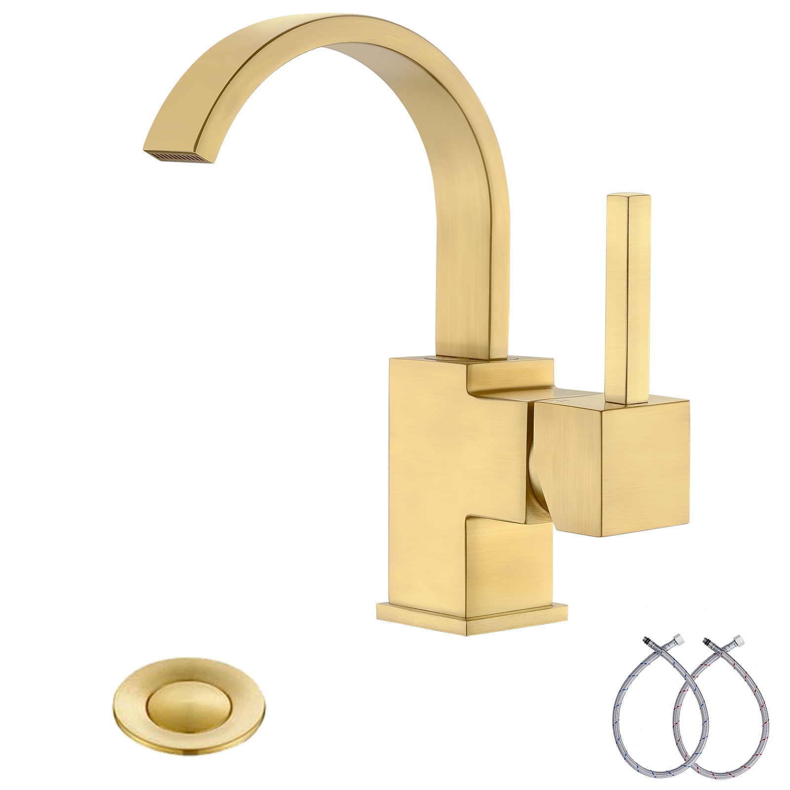 Phiestina LWSGF05-BG Brushed Gold Single hole 1-handle Mid-arc Commercial/Residential Handle Bathroom Sink Faucet with Drain