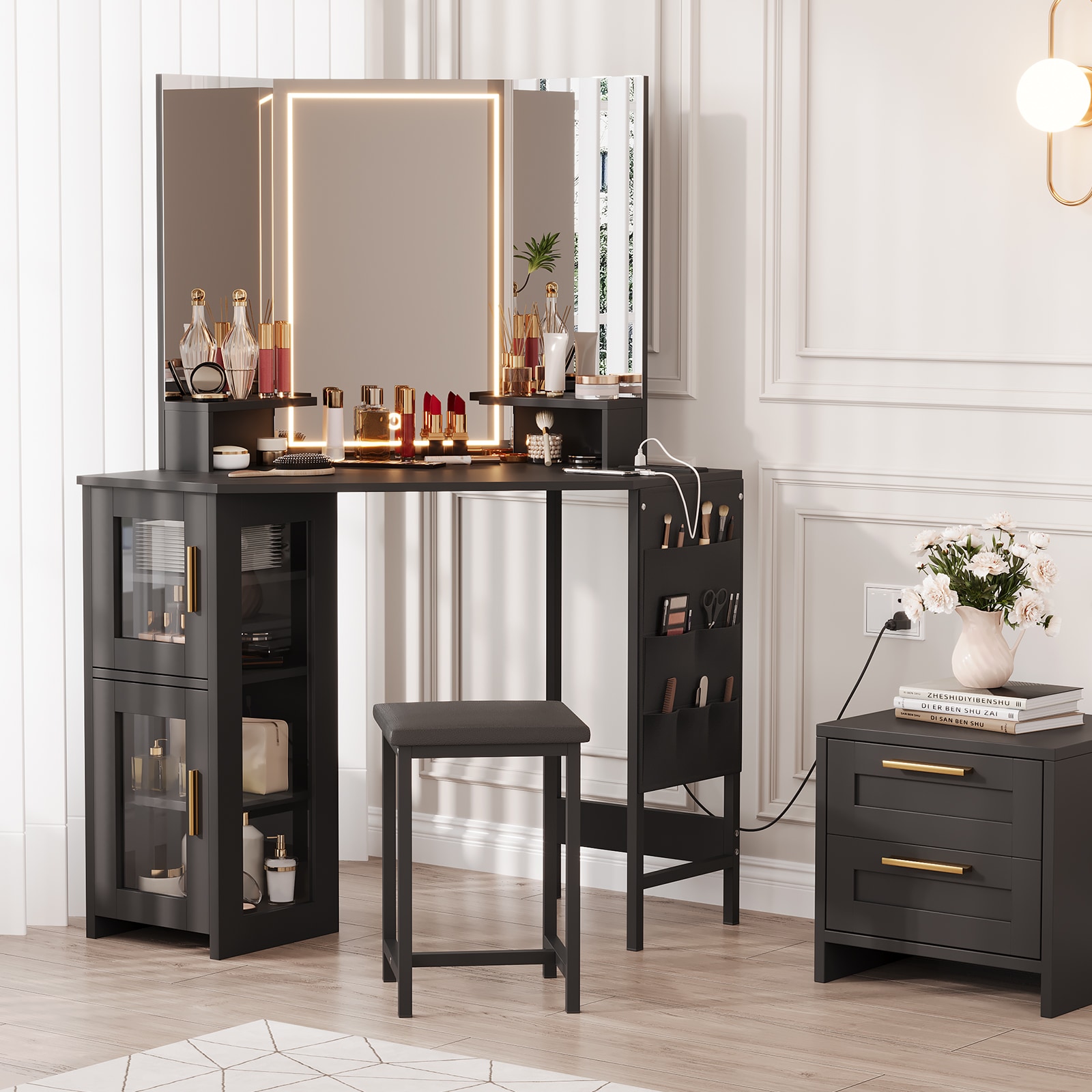 corner dressing table black IdealHouse Vanity Desk with LED Lighted Mirror Charging Station and Storage Cabinet with Stool one_size in Aster Midi Dress | size:BLACK-S Women's clothing size:6 making organization effortless
