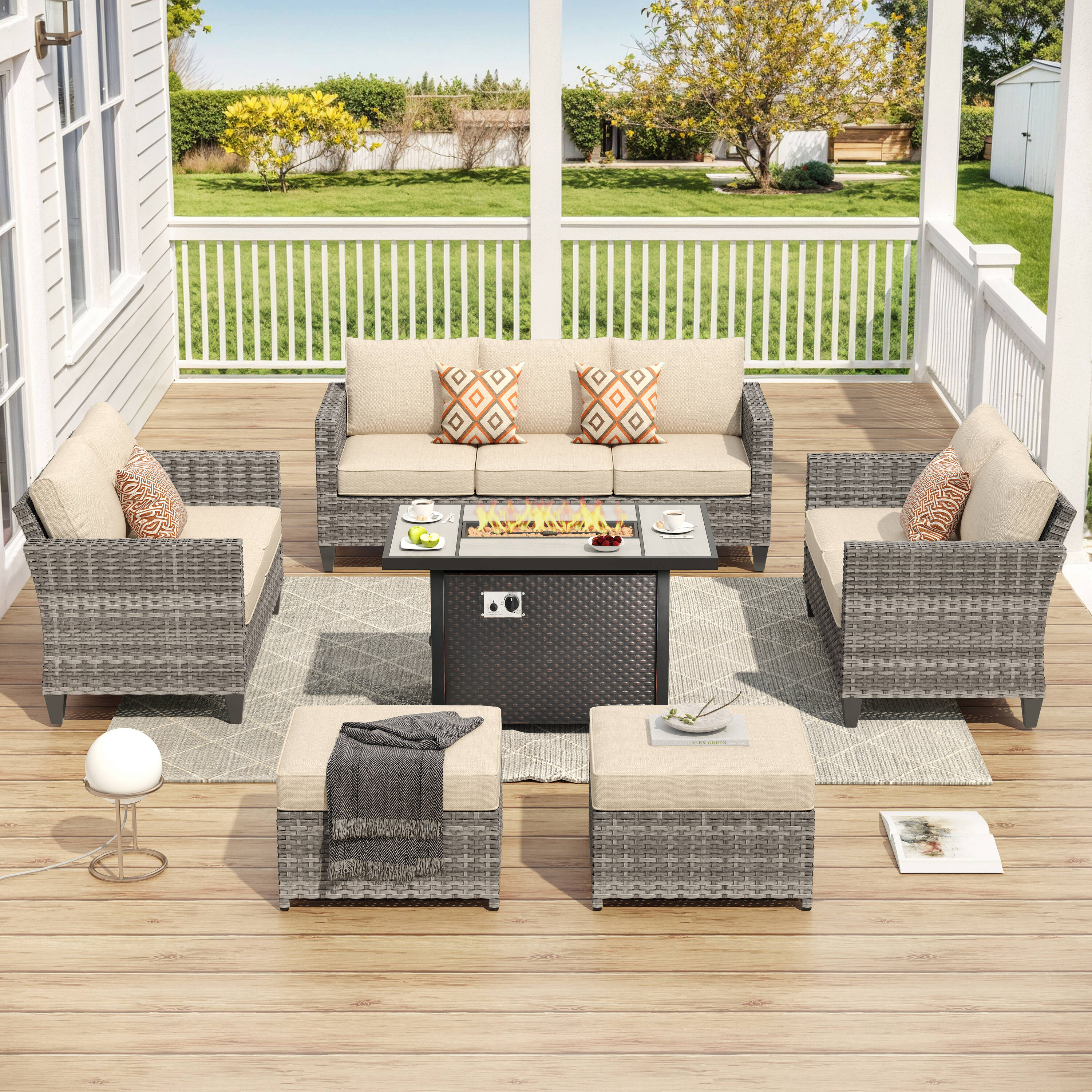 Pouuin SDFPVYZBS609 6-Piece Wicker Patio Sofa Conversation Set with Beige Cushions