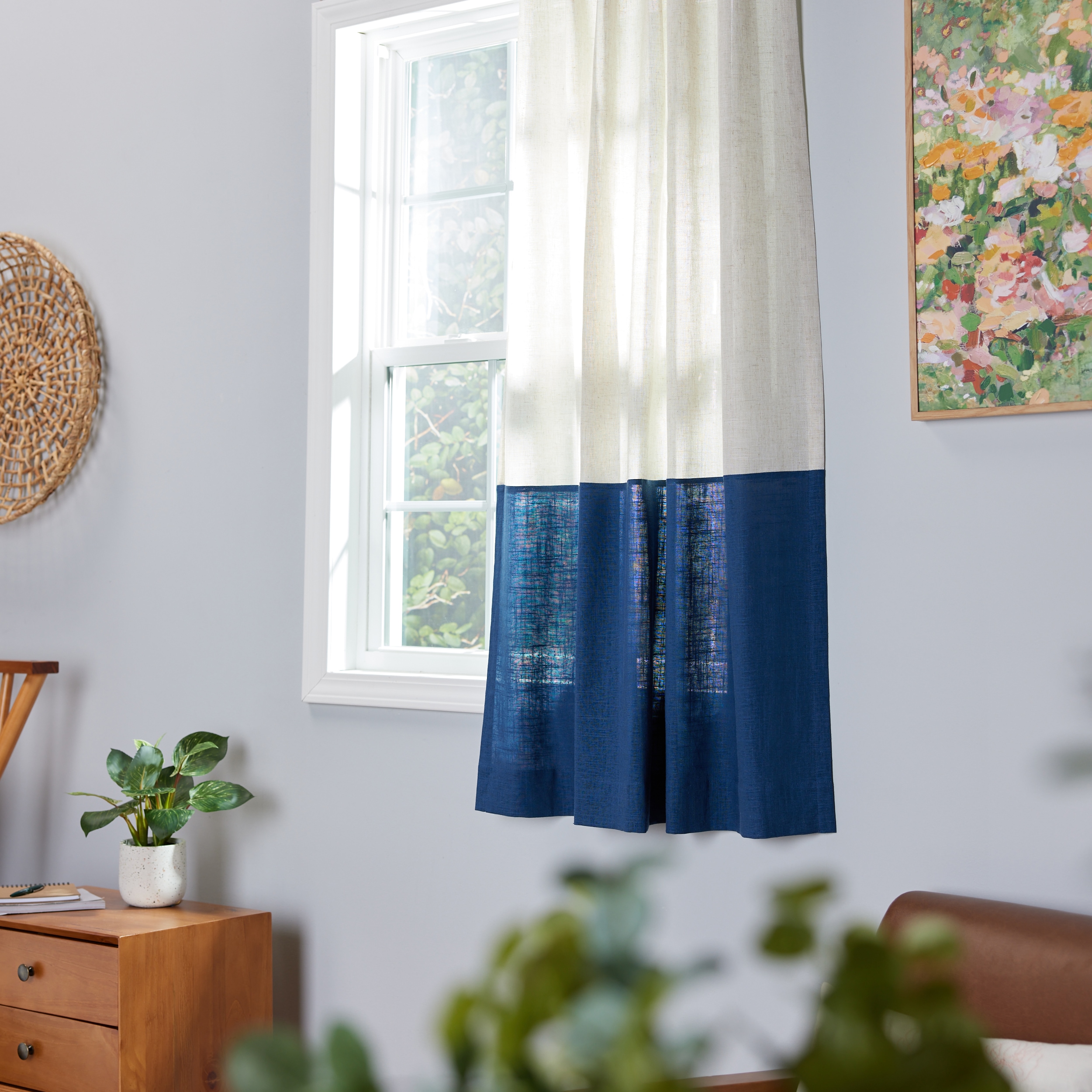 allen + roth LN63-979 63-in Navy Color Block Block Light filtering Back tab Single curtain panel