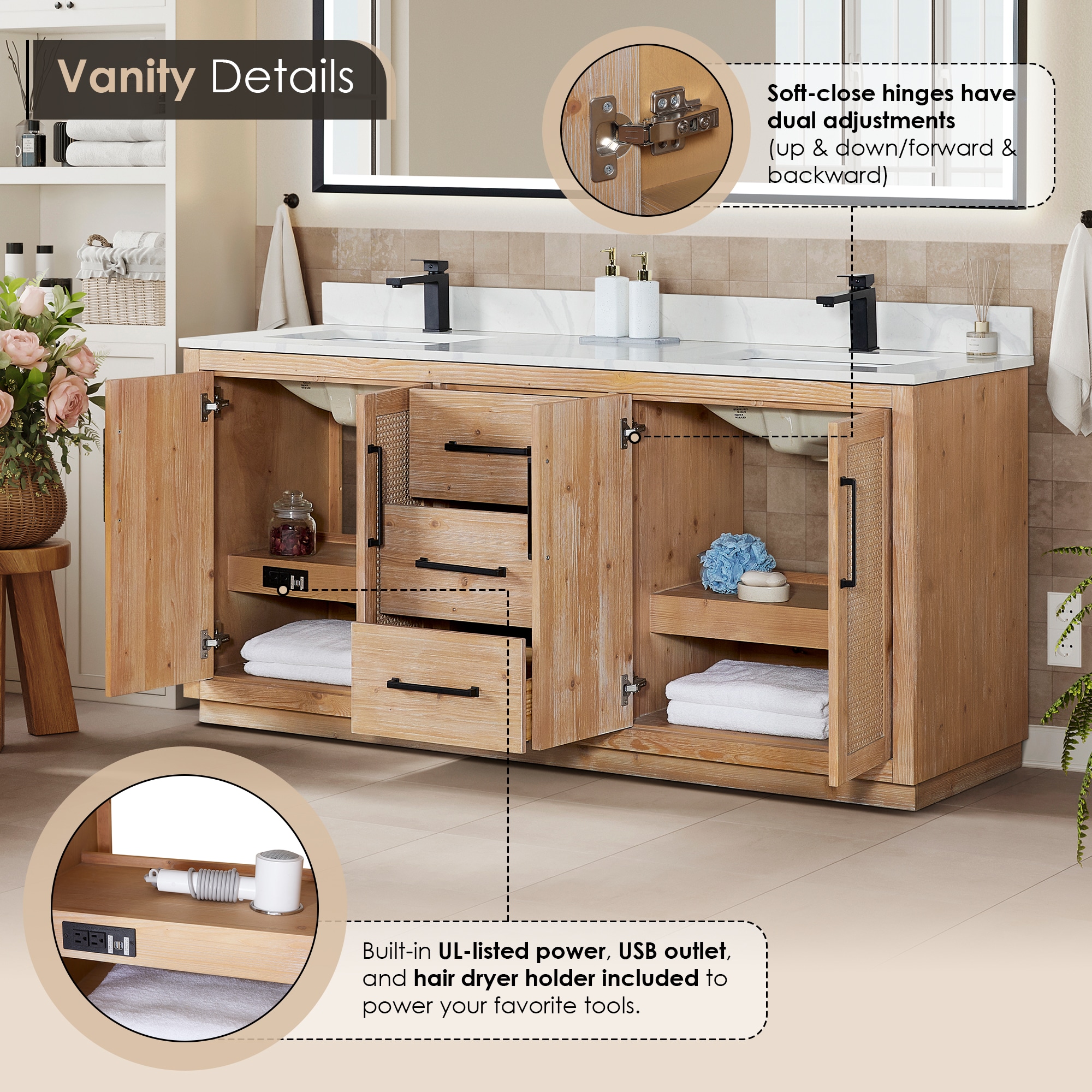 Light Brown Double Sink Freestanding Vanity with Rattan Doors and Quartz Top