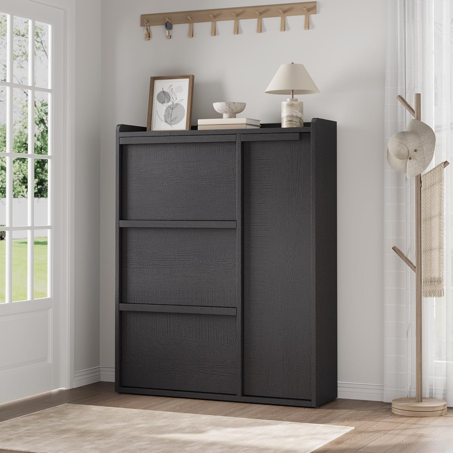 Qeetex Shoe Storage Cabinet with 3 Flip Drawers Side Door Hidden Shoe Organizer with Adjustable Shelves Freestanding Wooden Shoe Cabinet for Entryway Hallway Living Room Black