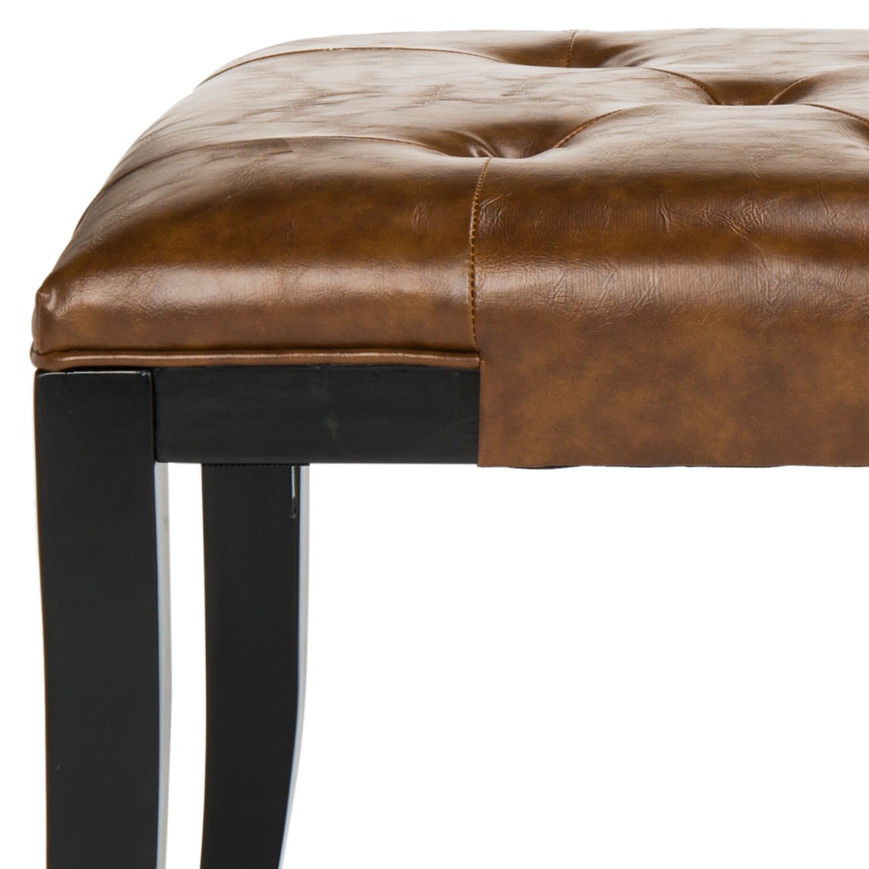 Saddle Leather and Black Beech Wood Tufted Bench