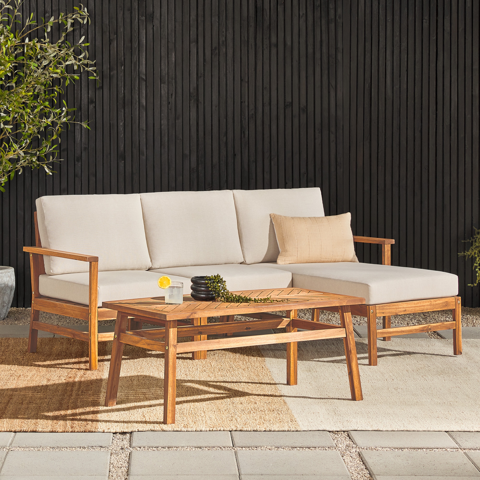 Walker Edison LWVIODSE4PBRB Vincent Outdoor Sectional with Tan Cushions and Acacia Frame