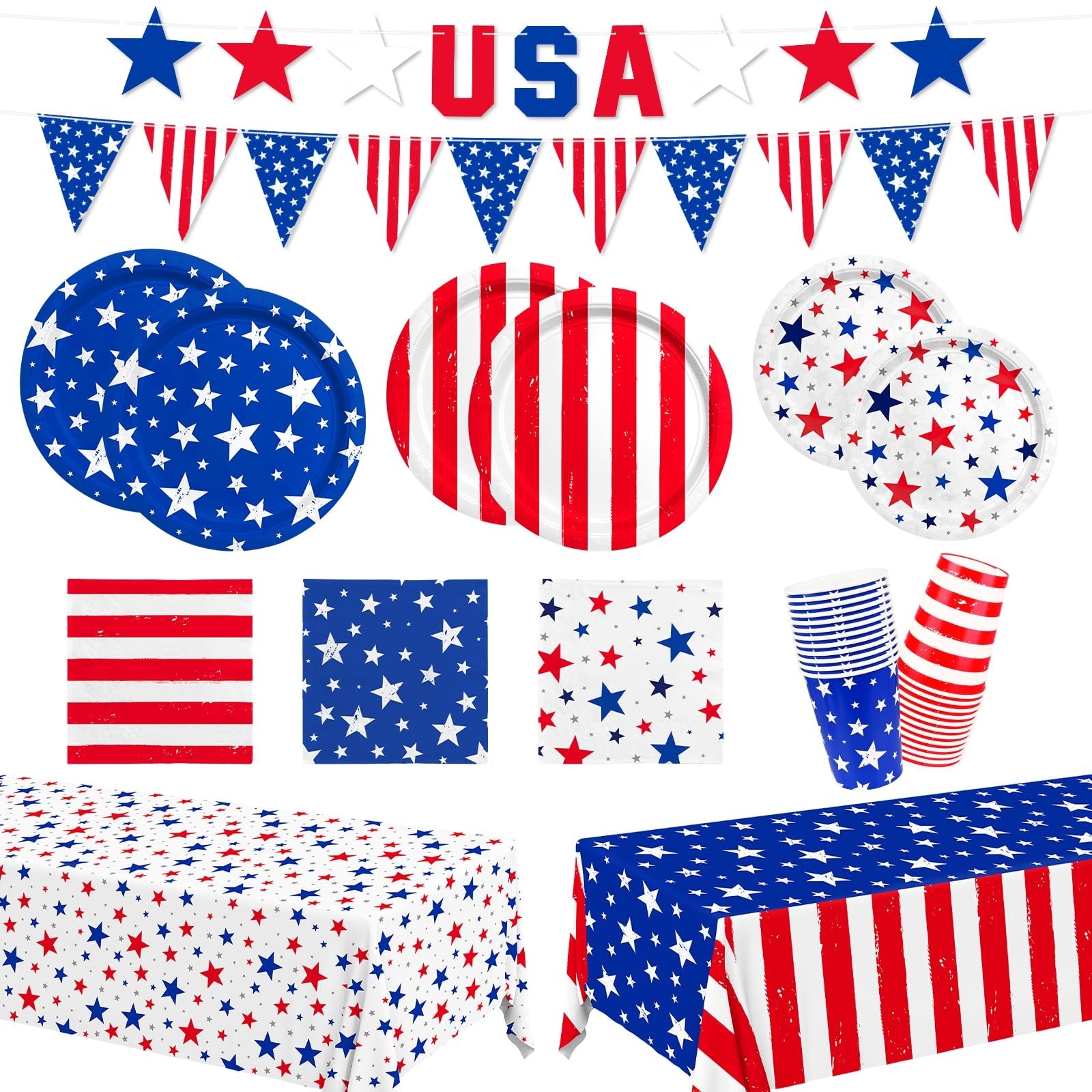 Phewnyzo  Fourth of July Patriotic Party Kit for 24 Guests Includes Plates Napkins Cups Tablecloths Banners Disposable American Flag Set