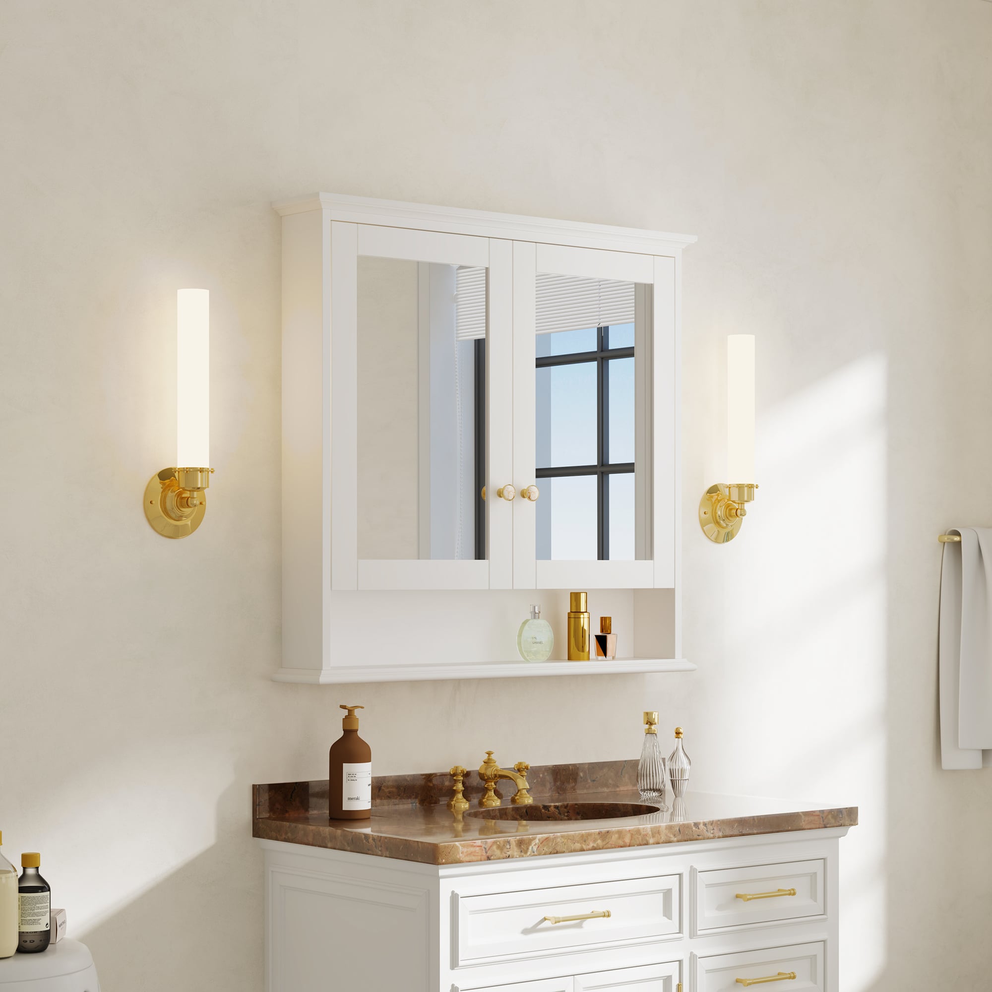 Forclover FMC3634-WT 36-Inches x 24-Inches Surface Mount White Mirrored Rectangle Soft Close Medicine Cabinet